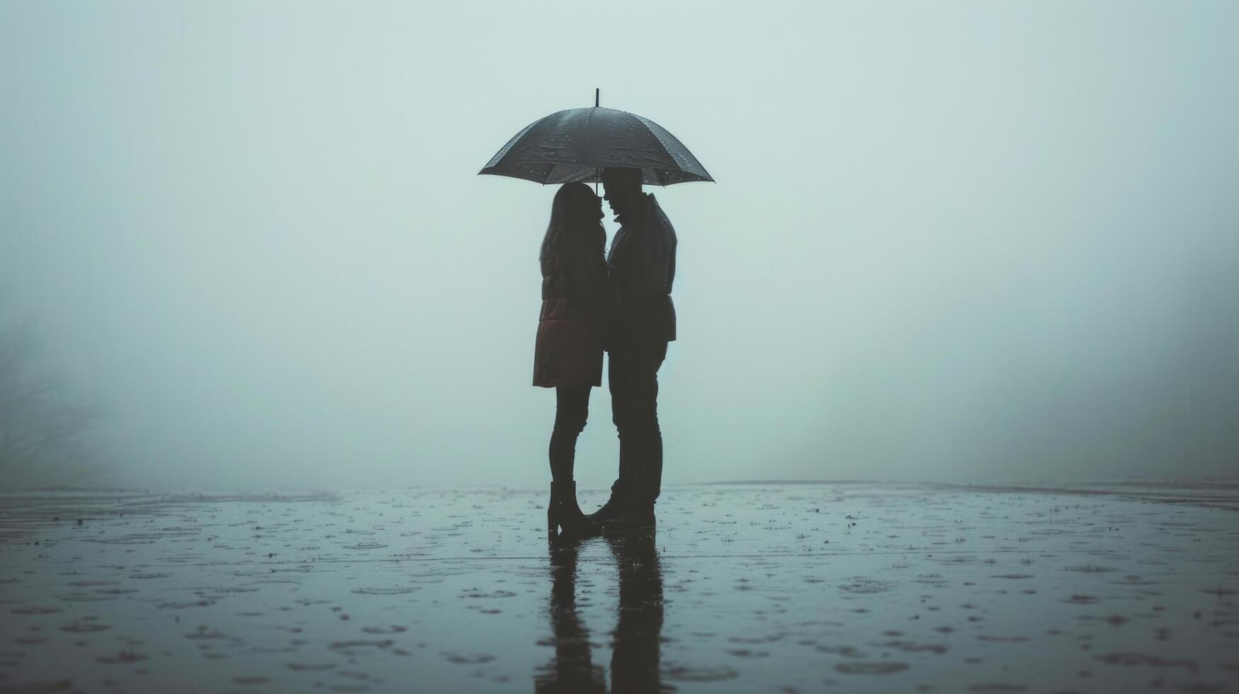 AI generated Minimalist shot capturing a couple in love, sharing an intimate moment under the gentle rain photo