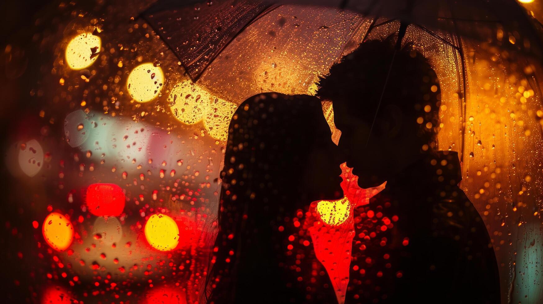 AI generated Minimalist shot capturing a couple in love, sharing an intimate moment under the gentle rain photo