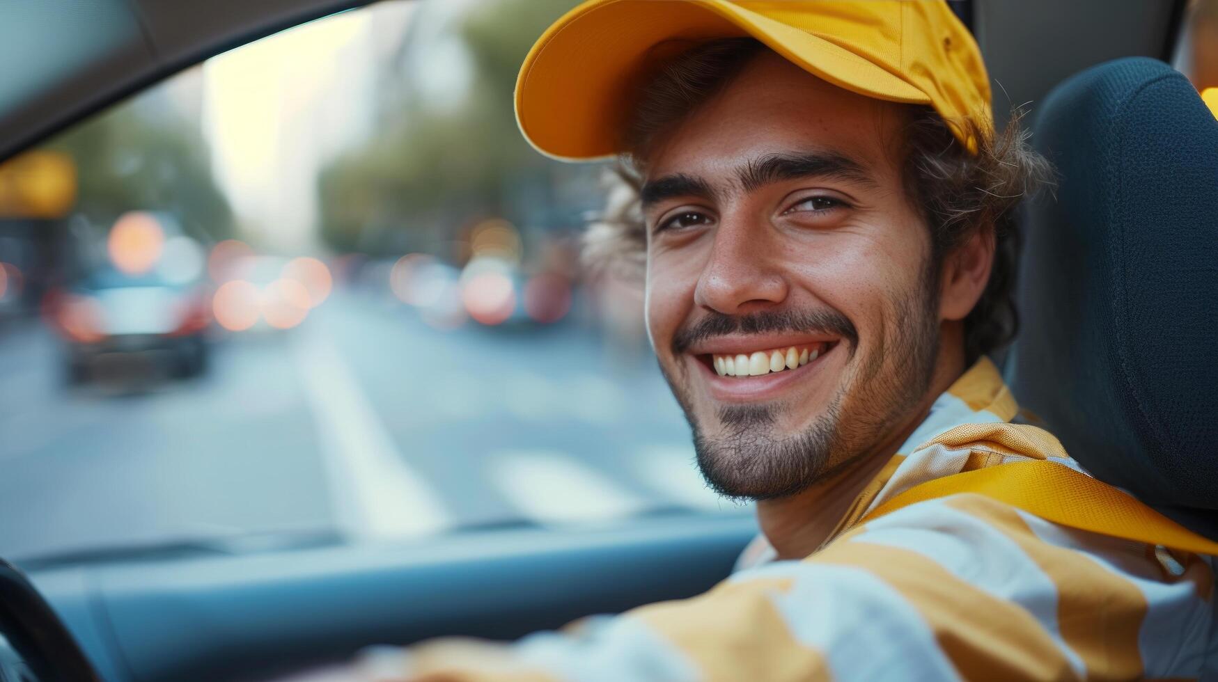 AI generated Minimalist backdrop with a smiling young taxi driver, radiating warmth and friendliness towards the camera photo