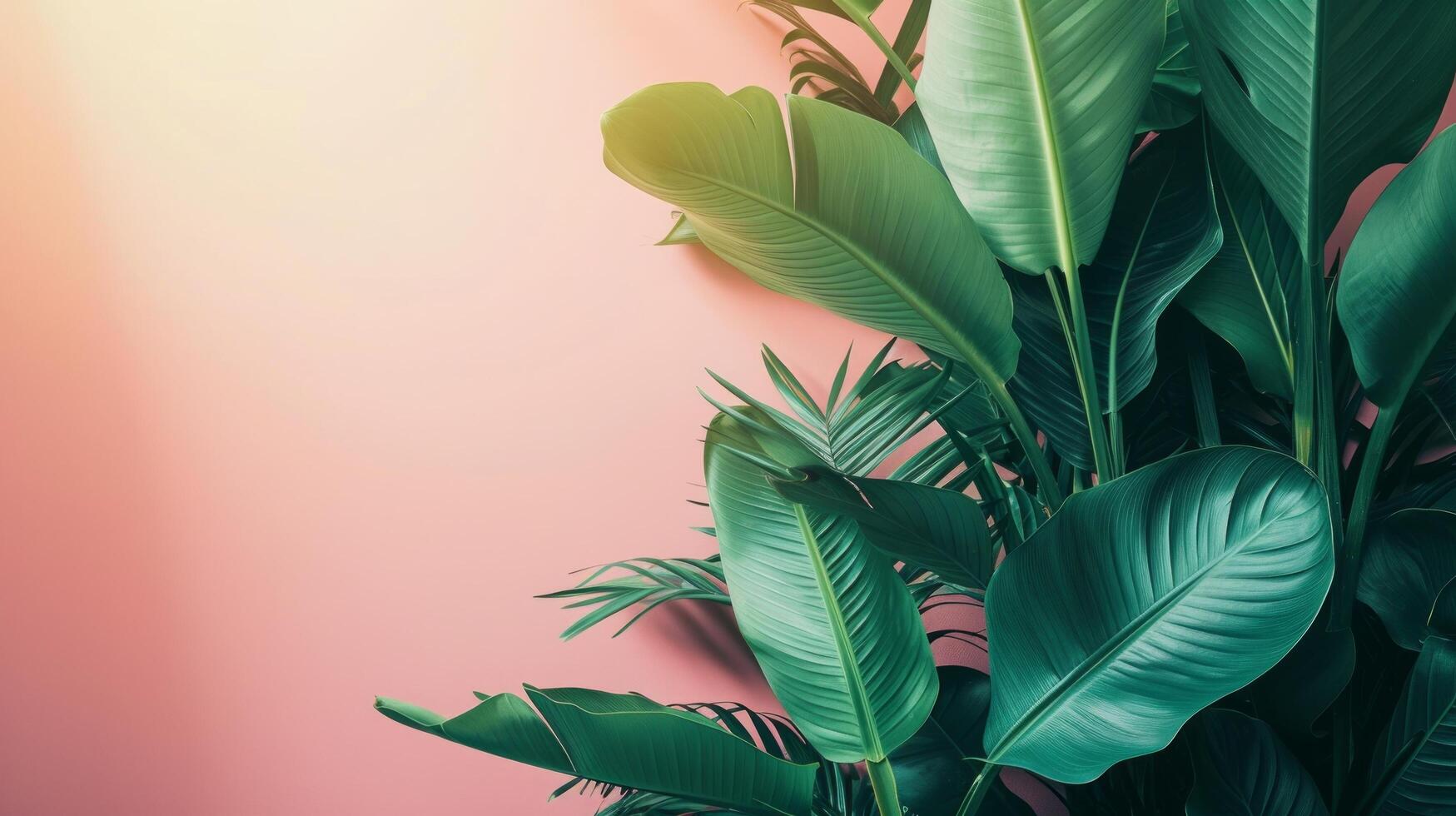 AI generated Minimalist backdrop adorned with lush tropical leaves, evoking a serene and exotic atmosphere photo