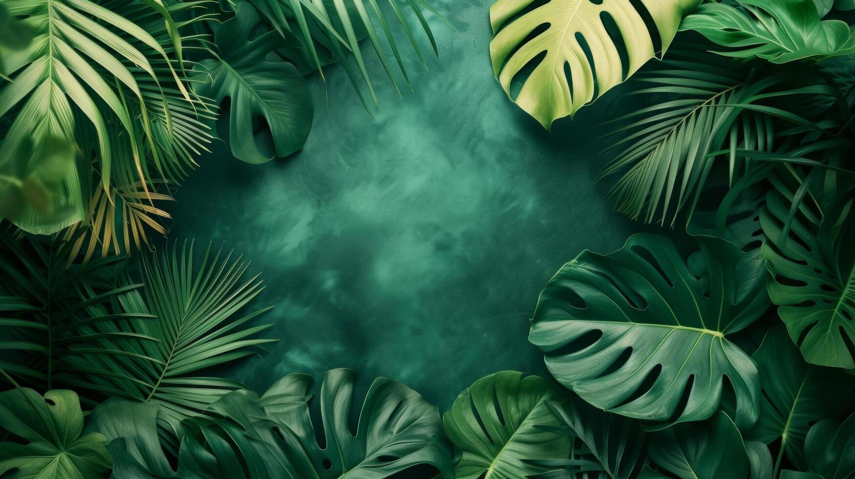 AI generated Minimalist backdrop adorned with lush tropical leaves, evoking a serene and exotic atmosphere photo