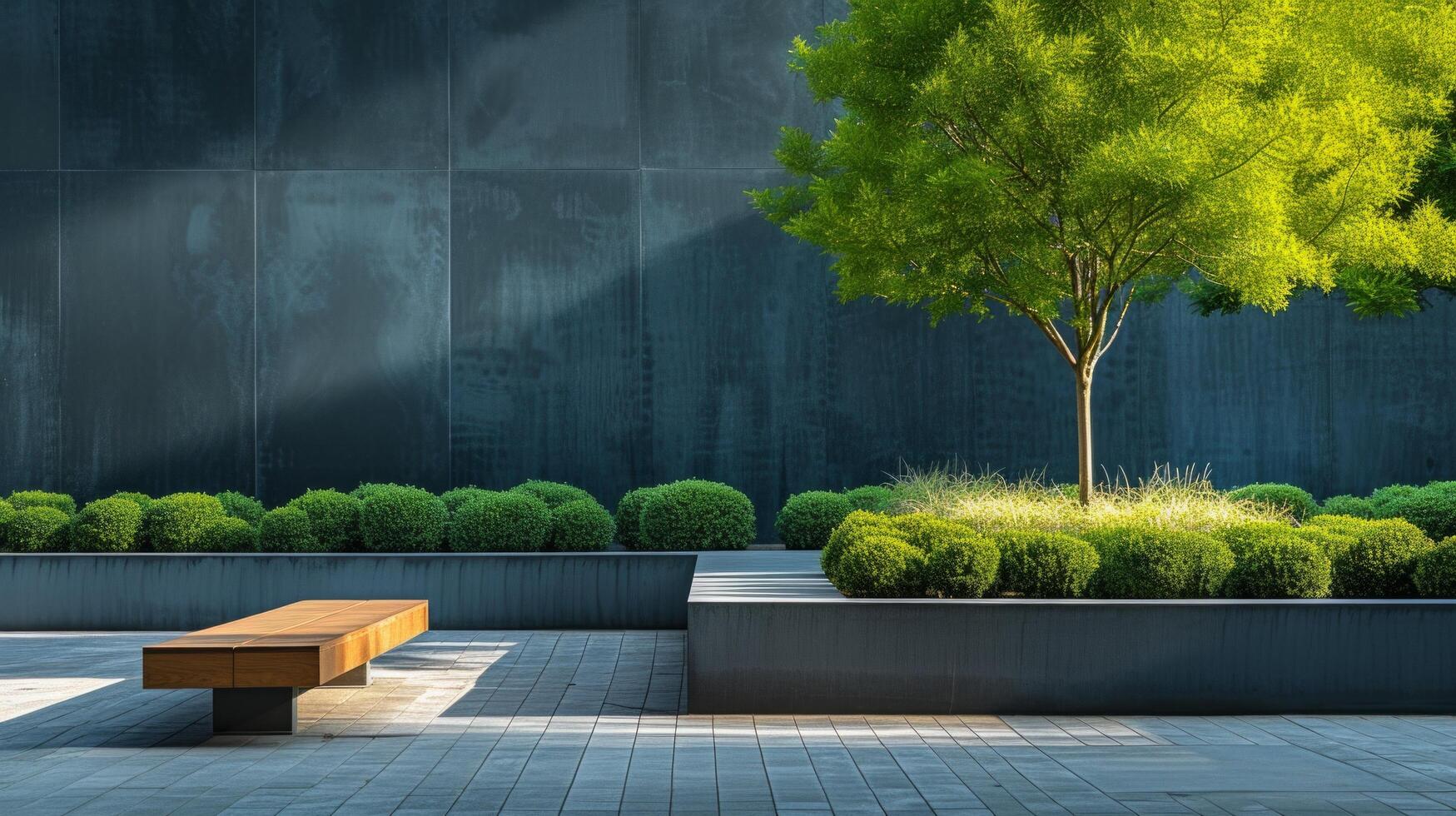 AI generated Minimalist photograph highlighting the geometric shapes and modern lines of a landscaped garden photo