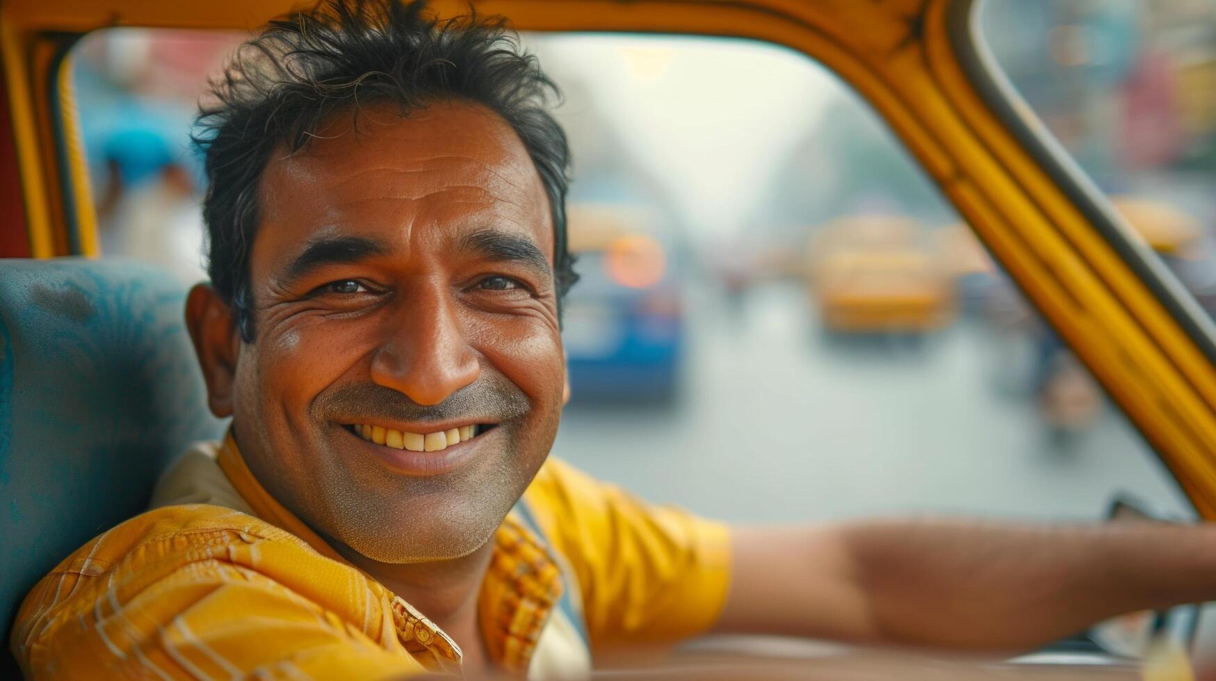AI generated Engaging background with a friendly taxi driver, drawing viewers into the scene photo