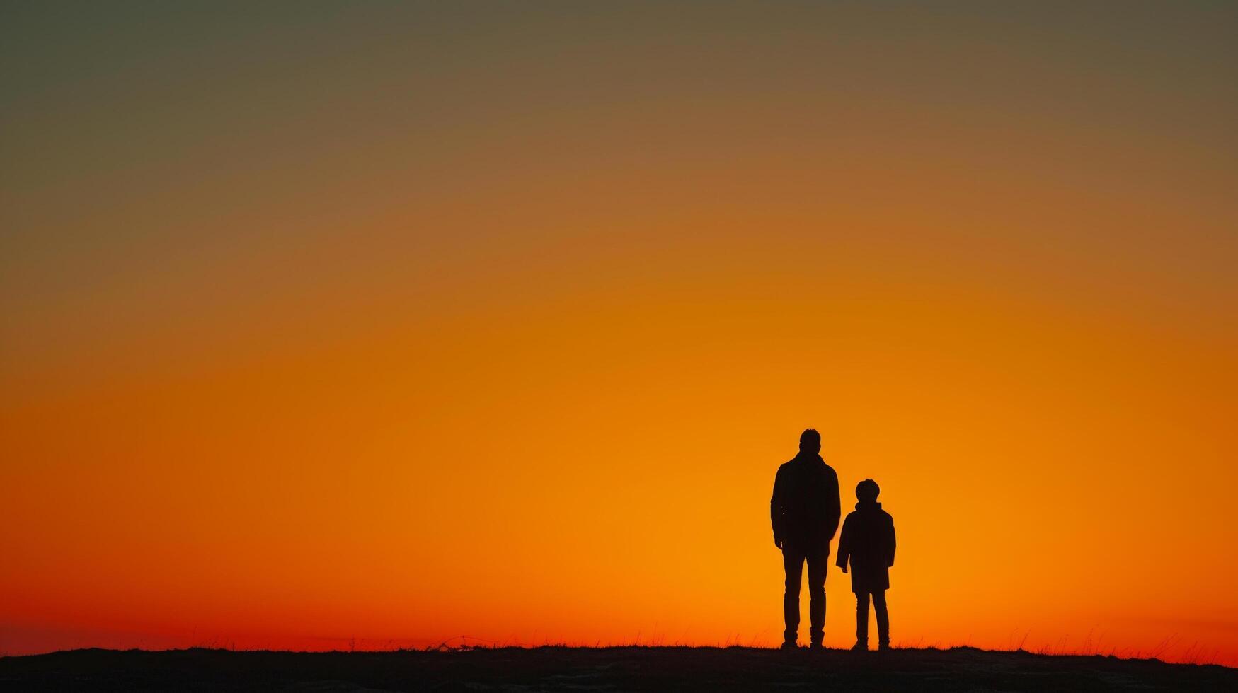 AI generated Minimalist image featuring a father and child silhouette against a sunset backdrop photo