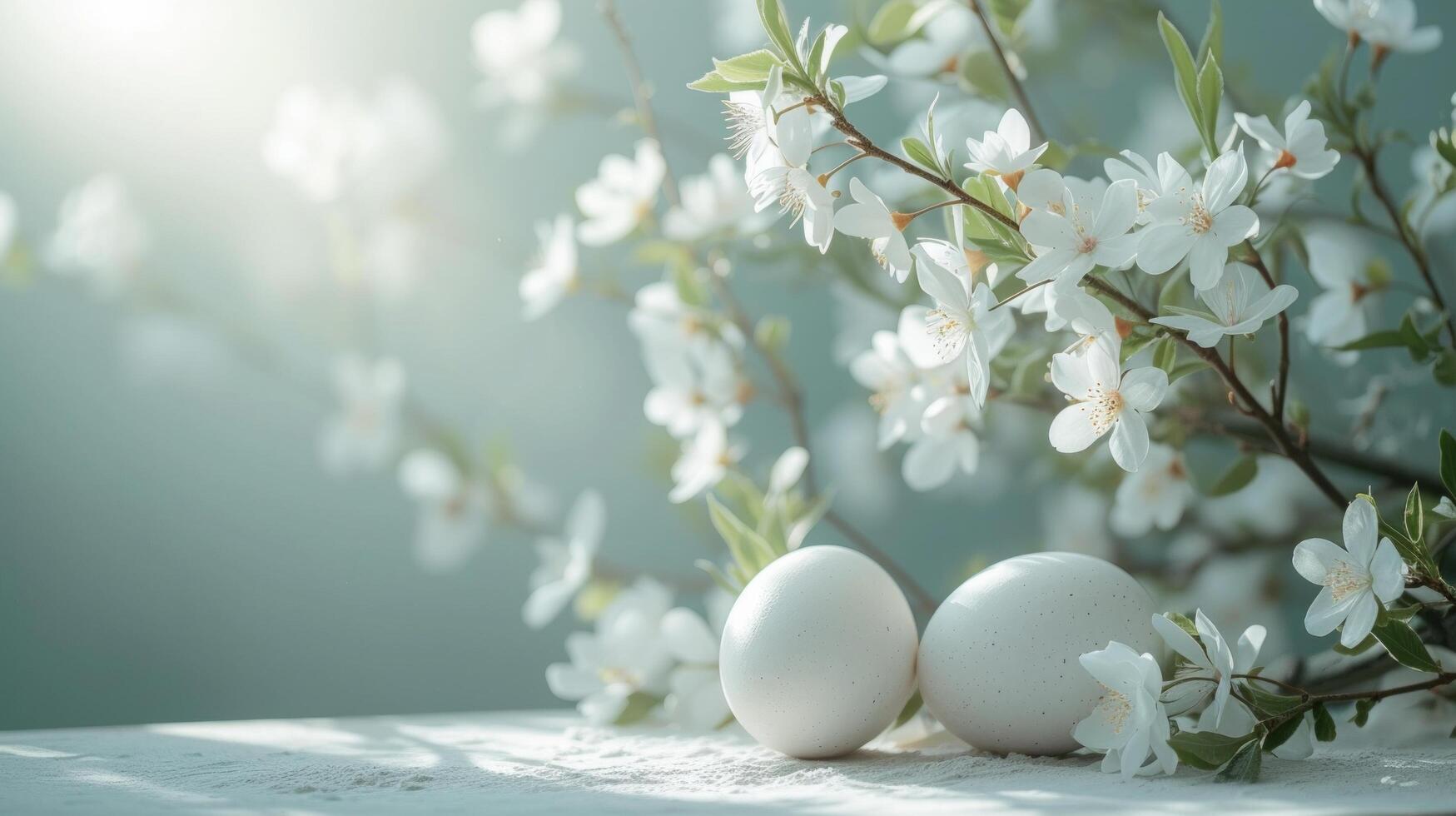 AI generated Minimalistic composition showcasing blooming flowers and Easter eggs in a tranquil setting photo