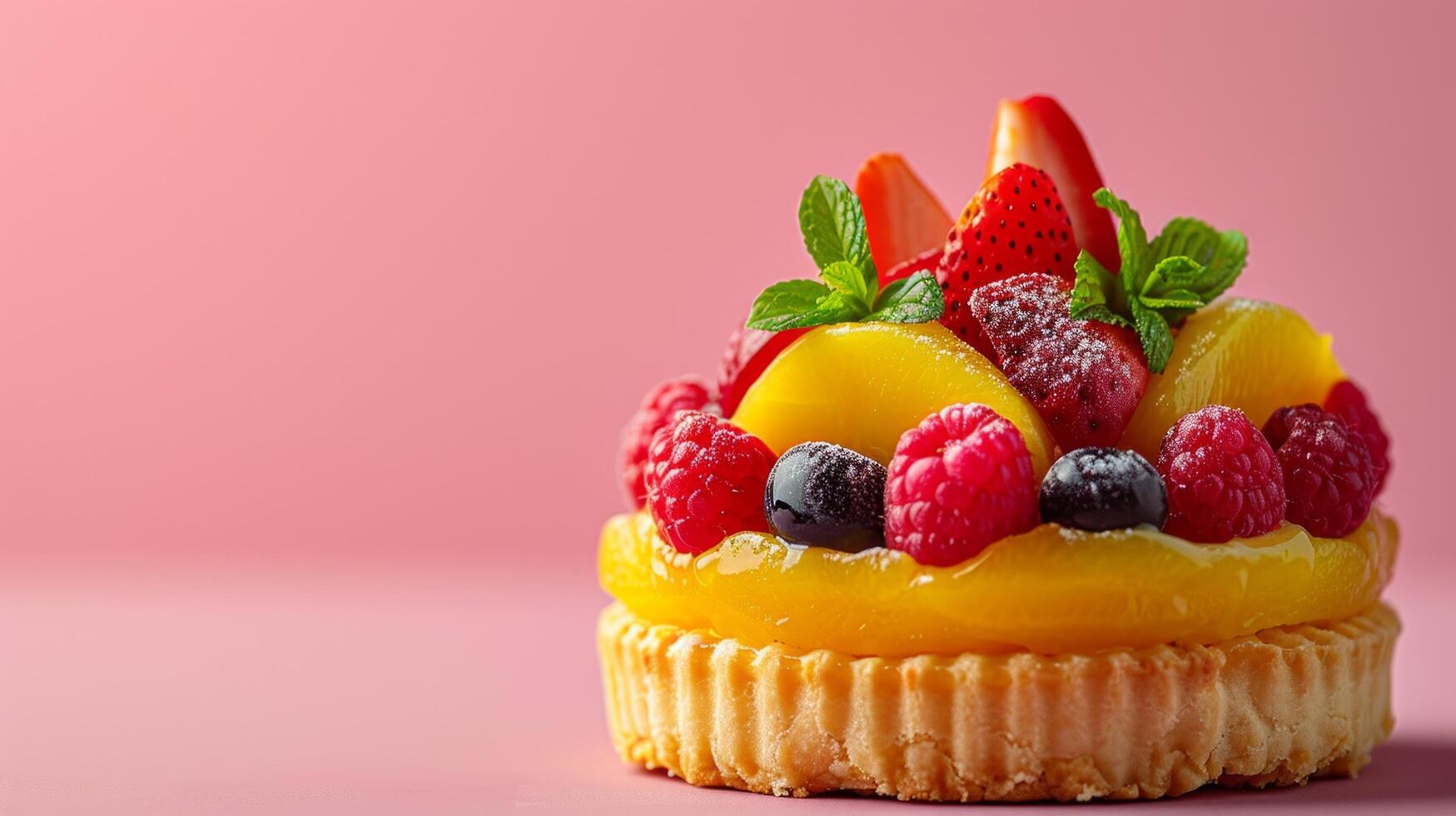 AI generated Elegant composition featuring a pastry topped with exotic fruits against a minimalist backdrop photo