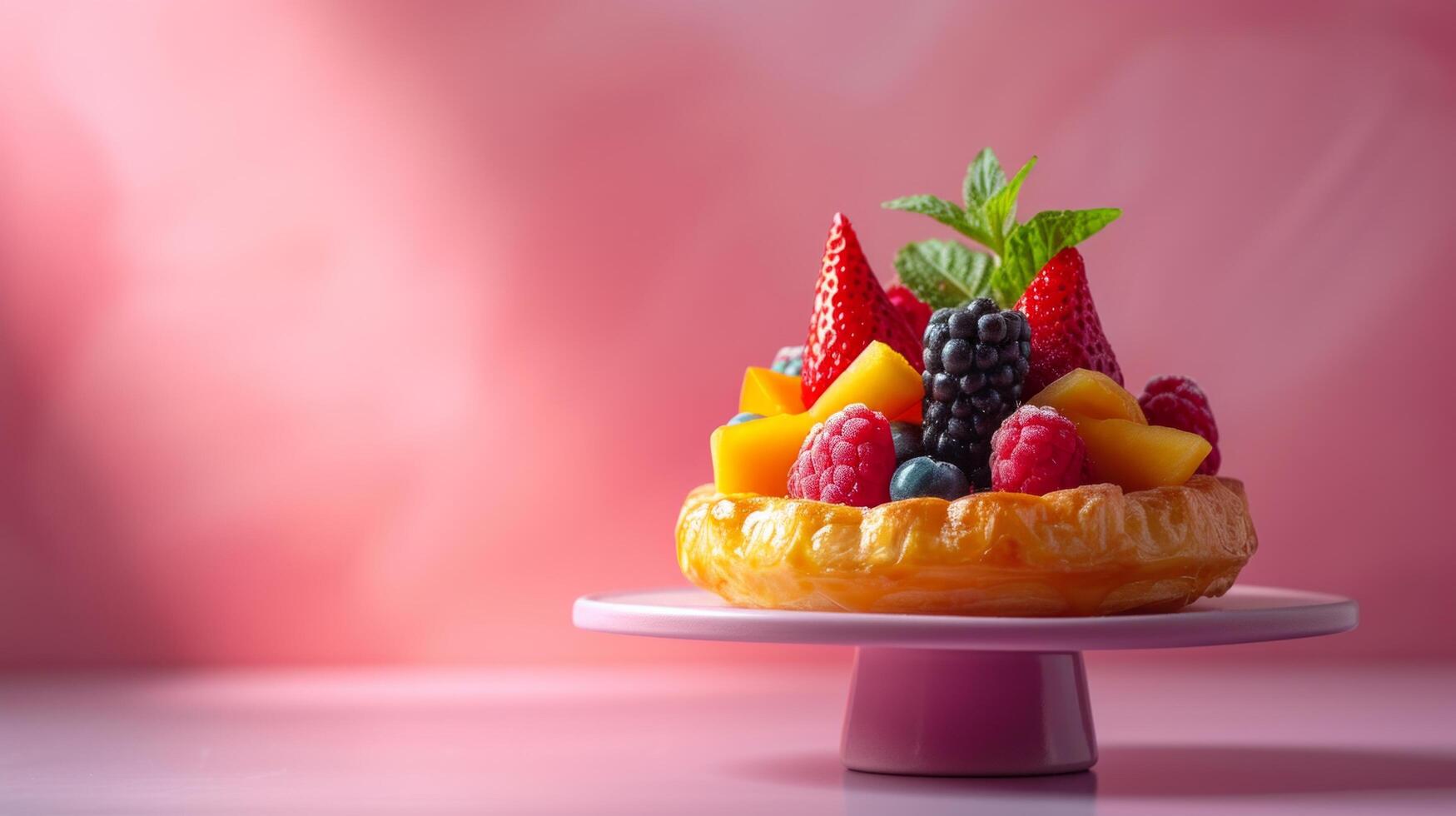 AI generated Elegant composition featuring a pastry topped with exotic fruits against a minimalist backdrop photo
