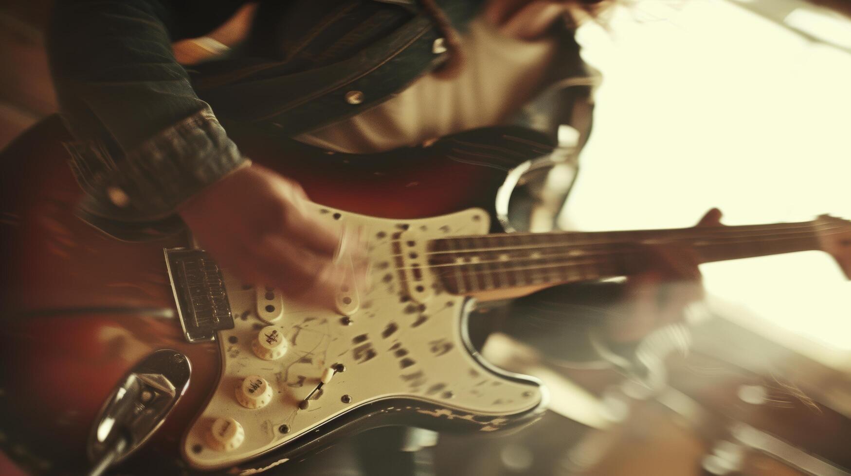 ai generado un dinámica imagen de un persona jugando guitarra, capturado rendimiento medio con pasión foto