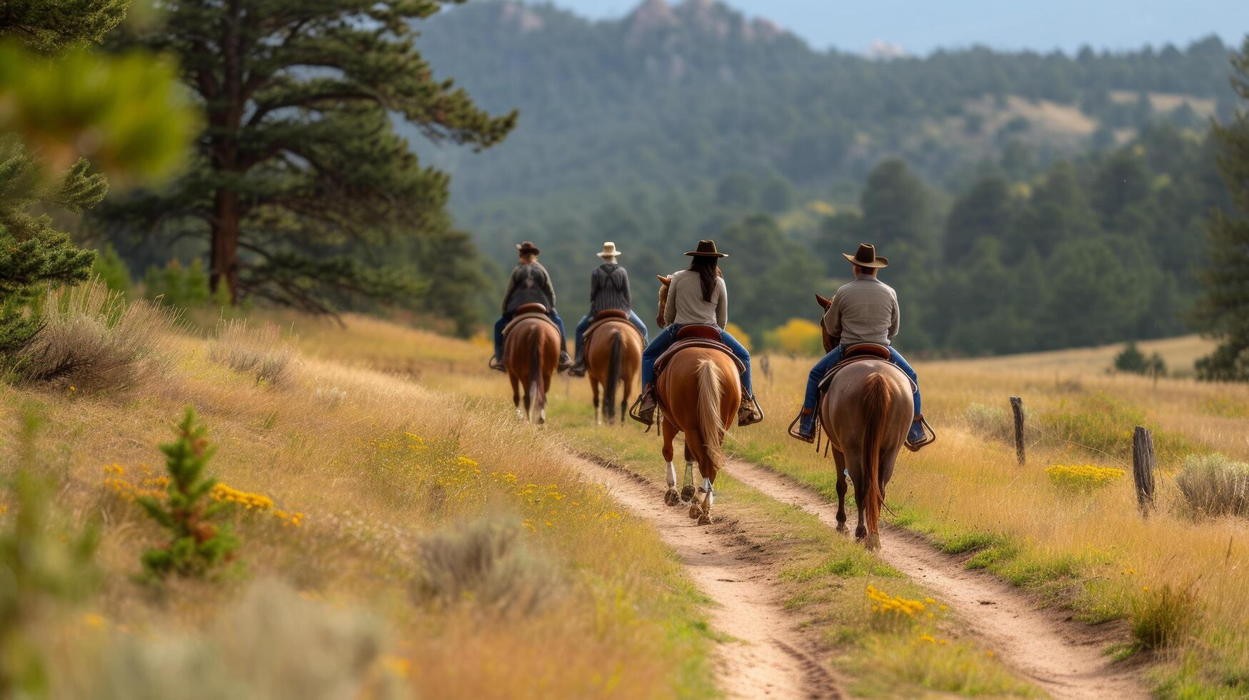 AI generated A group of friends laughing joyfully as they ride their horses along a scenic trail photo