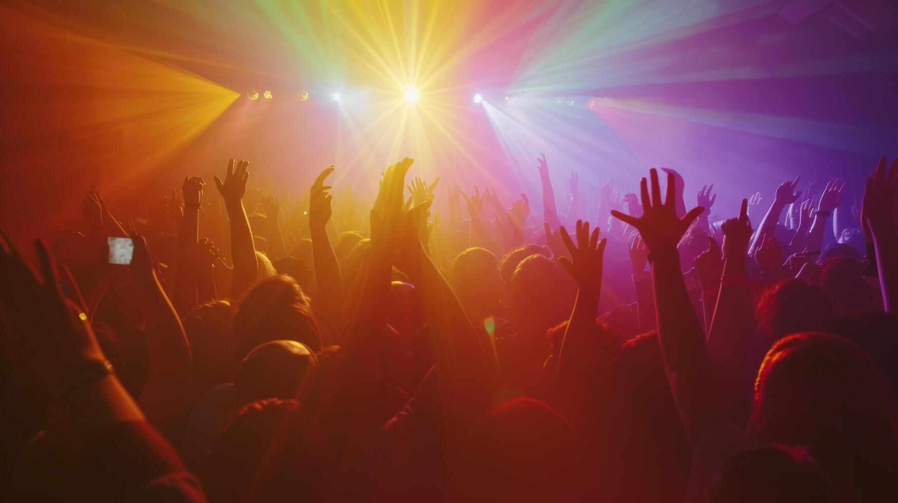 AI generated A lively concert crowd, hands raised, bathed in colorful stage lights, enjoying the music photo