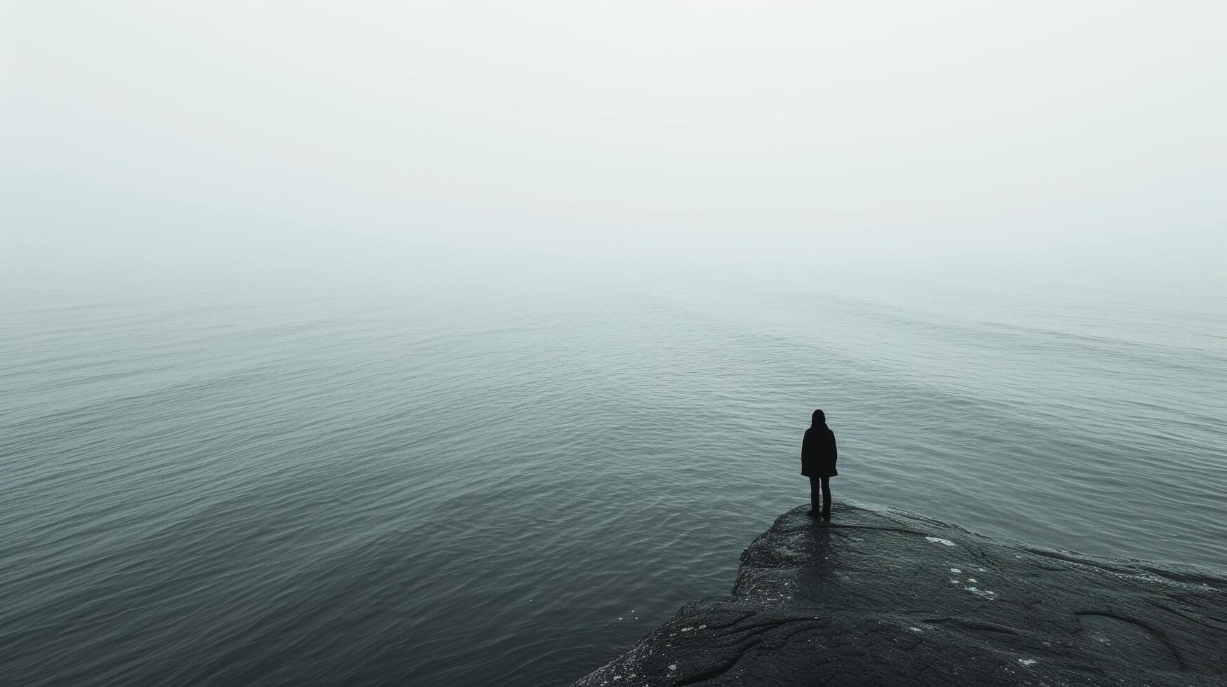 AI generated A small figure standing at the edge of the ocean, contemplating the vastness with curiosity and awe photo