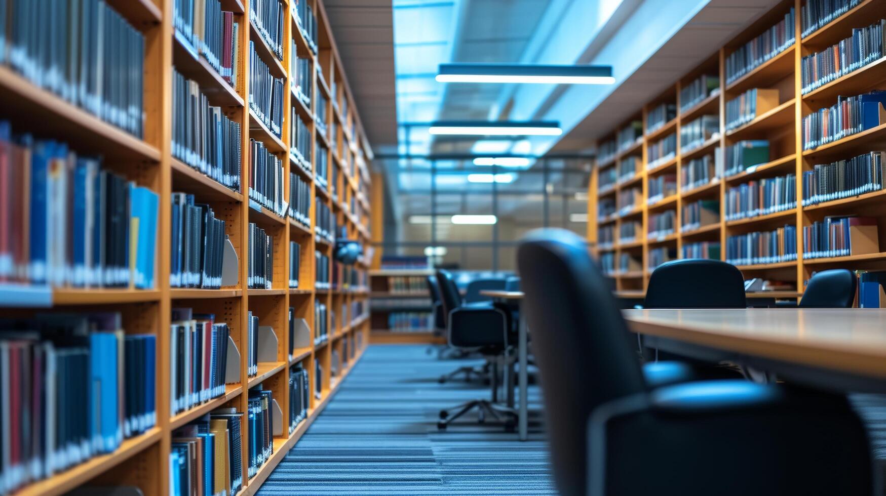 AI generated A study area in the library, equipped with spacious desks and ergonomic chairs for focused learning photo