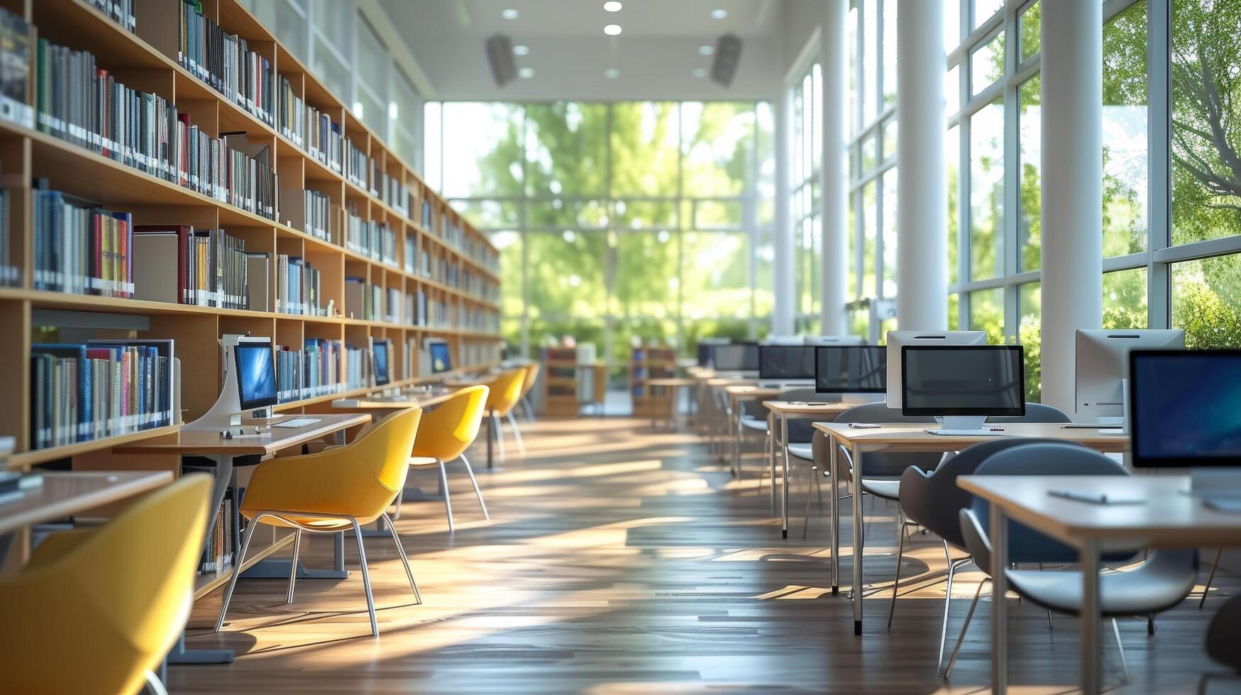 AI generated A study area in the library, equipped with spacious desks and ergonomic chairs for focused learning photo