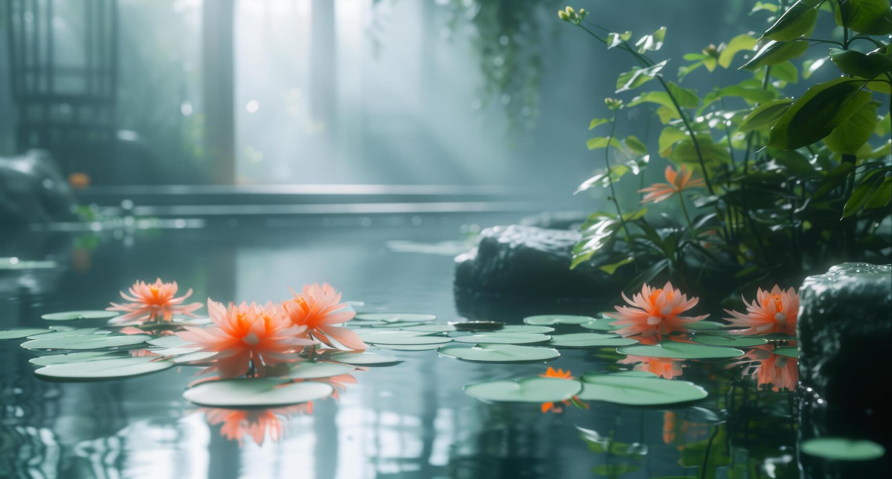 AI generated an pond in a botanical garden, with lily pads on it photo
