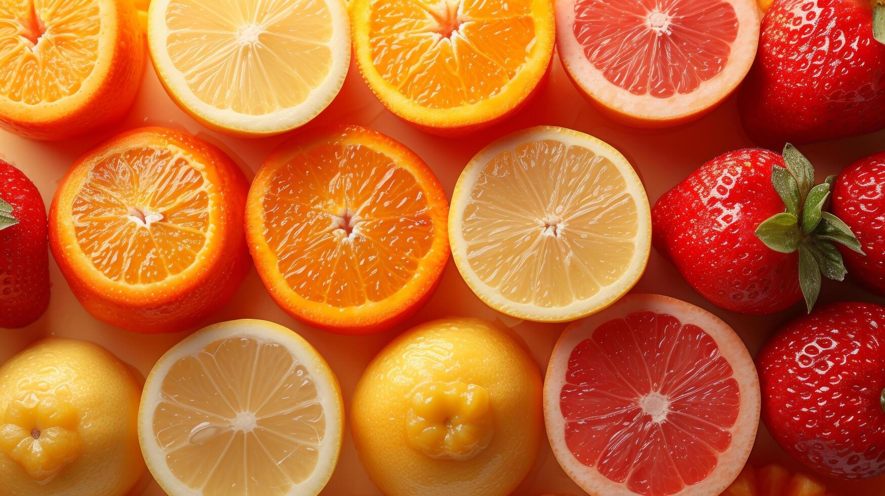AI generated A minimalist background adorned with an assortment of summer fruits blends colors photo