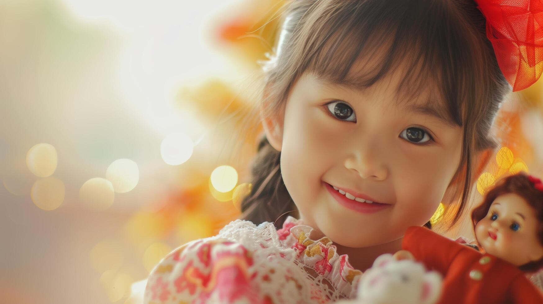 AI generated The happy girl radiates joyful innocence while playing with her dolls photo