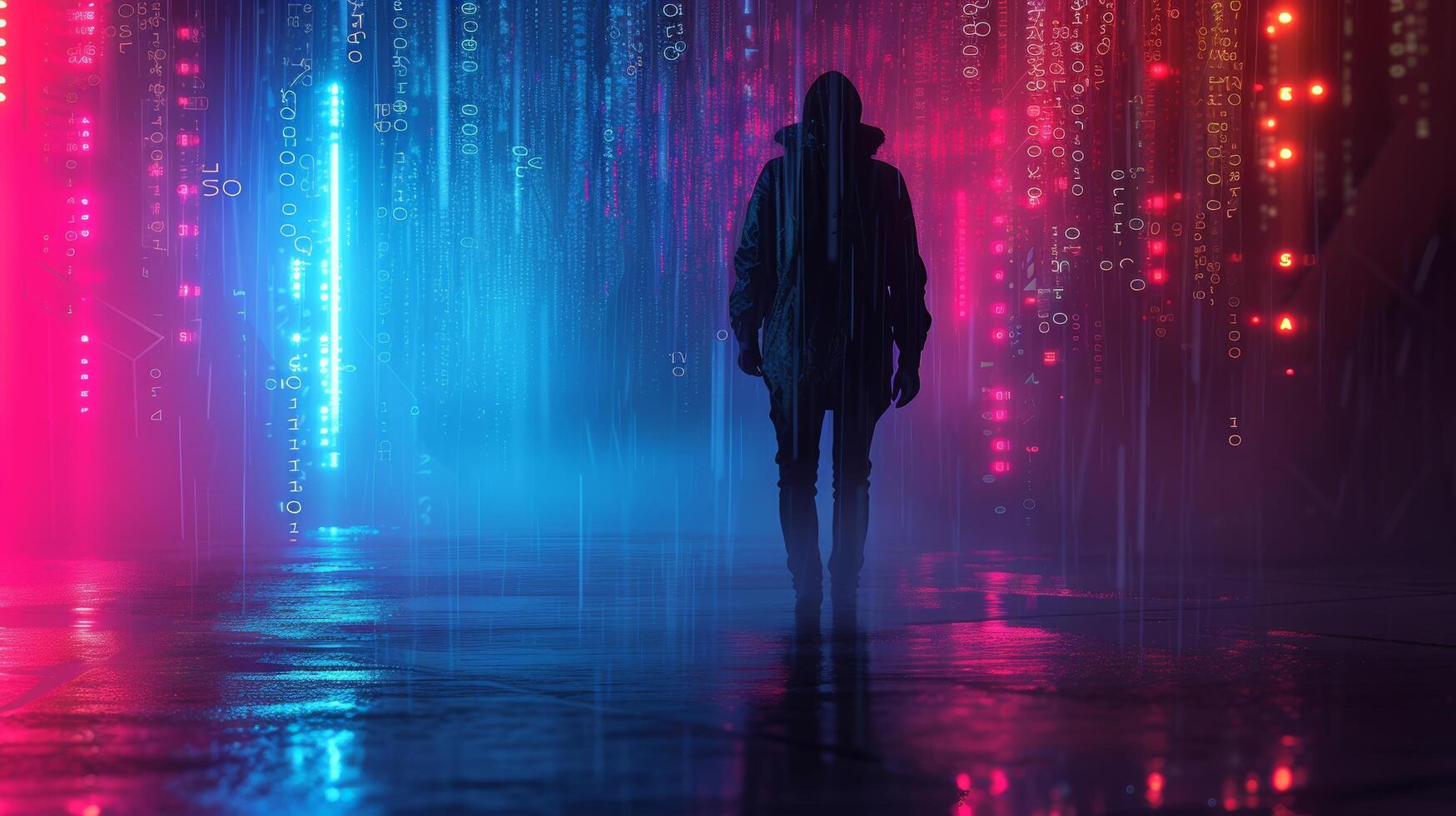 AI generated Soft neon glows accentuate the hacker's silhouette, adding a touch of mystery to the scene photo