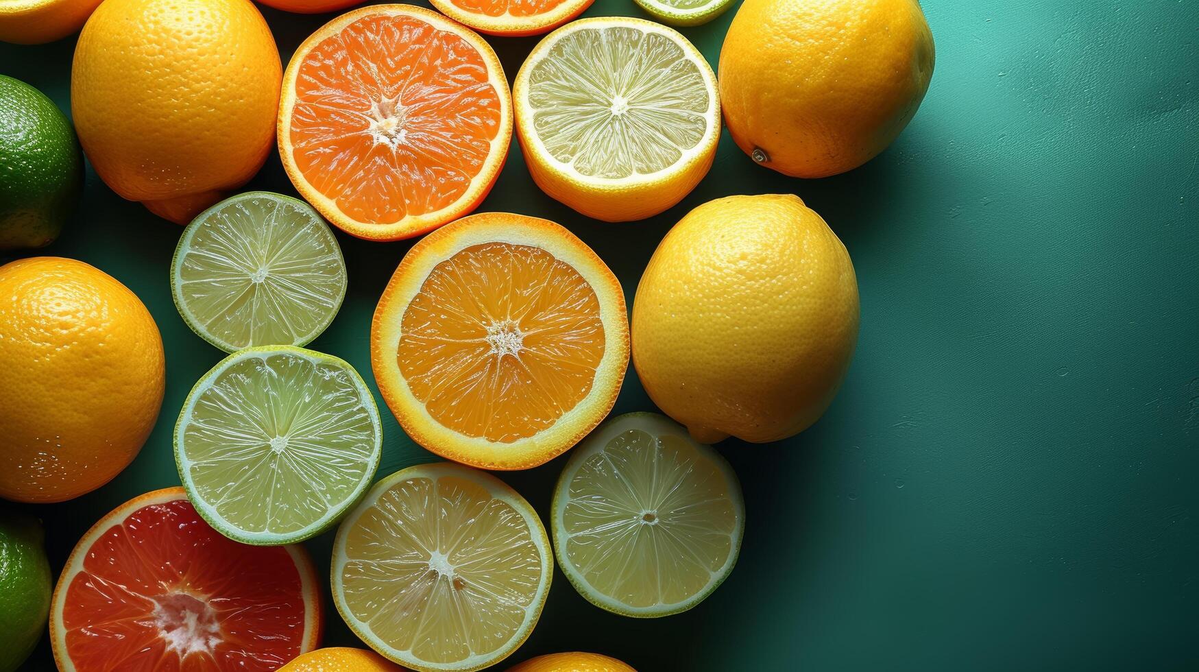 AI generated A minimalist background adorned with vibrant oranges, lemons, and limes evokes the refreshing essence of summer. photo