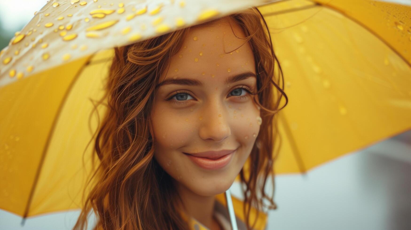 AI generated a beautiful girl stands under a yellow umbrella in the rain and looks at the camera smiling large copyspace area photo
