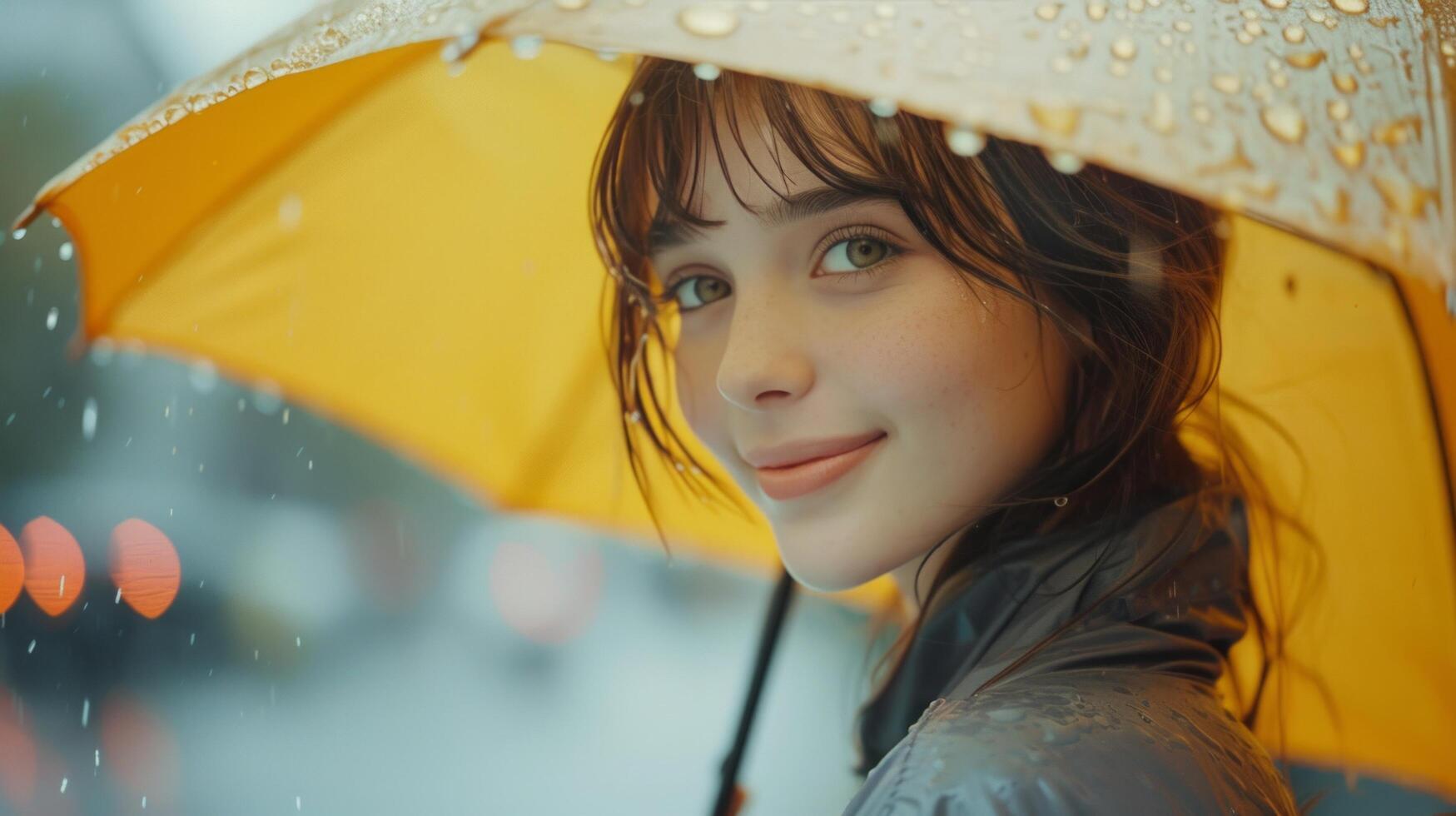 AI generated a beautiful girl stands under a yellow umbrella in the rain and looks at the camera smiling large copyspace area photo