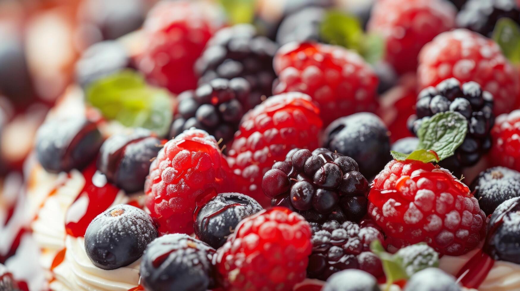AI generated A close-up of a mouthwatering dessert, adorned with fresh berries and a drizzle of sauce photo
