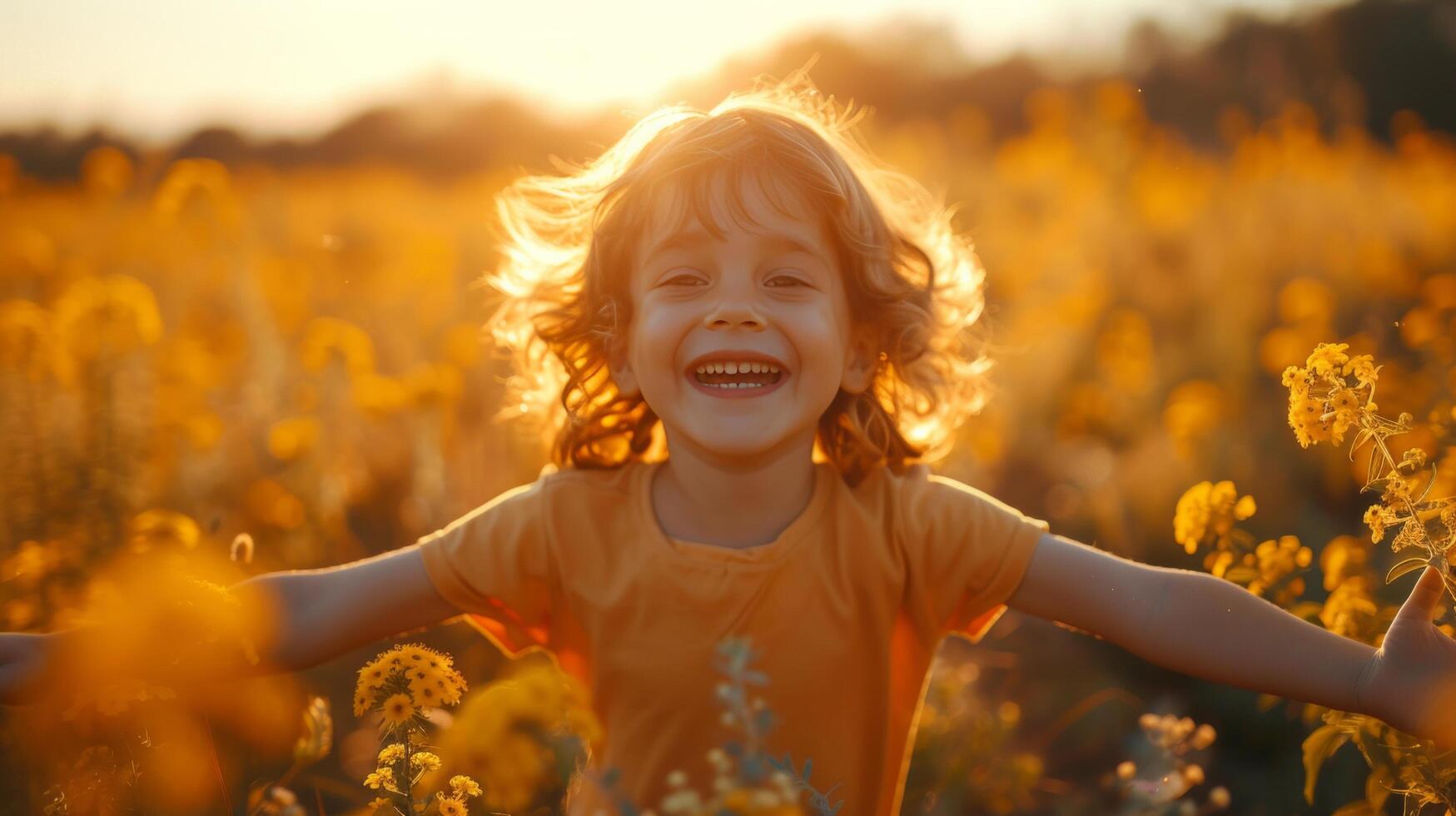 AI generated A child running through a field with outstretched arms, a beaming smile lighting up their face with pure delight photo