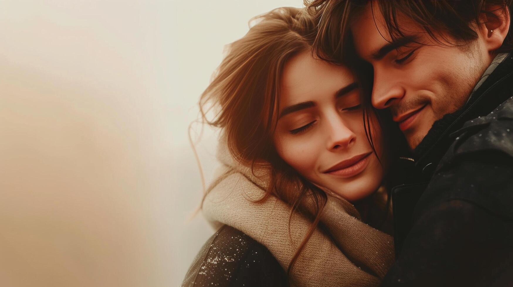 AI generated A couple sharing a heartfelt hug, their faces pressed together in a moment of genuine affection and love photo