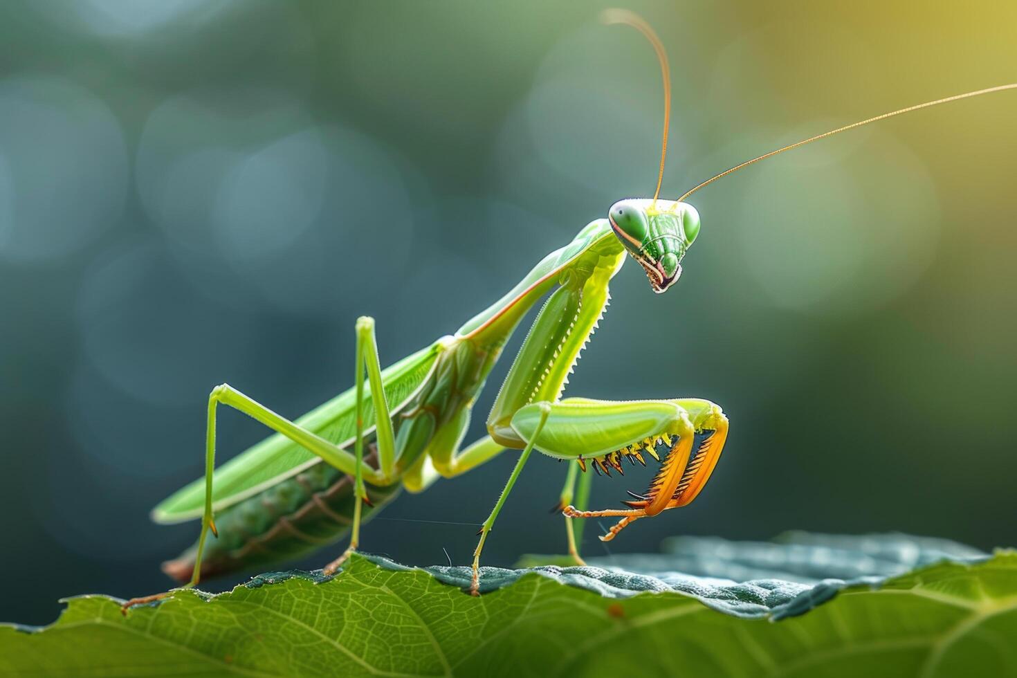 AI generated A macro photograph of a praying mantis perched on a leaf photo