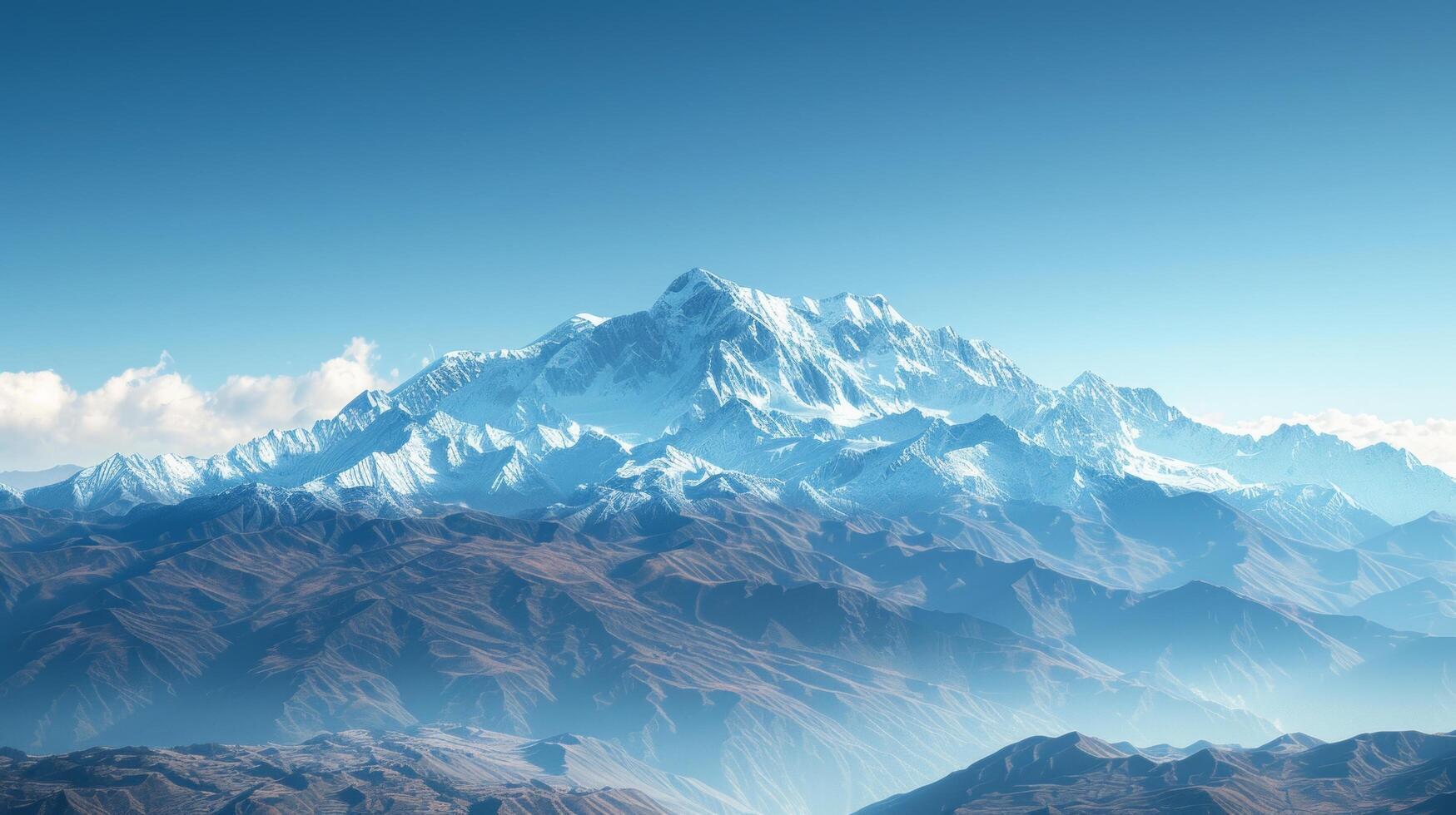 AI generated A majestic mountain range, with snow-capped peaks towering against a backdrop of clear blue skies photo