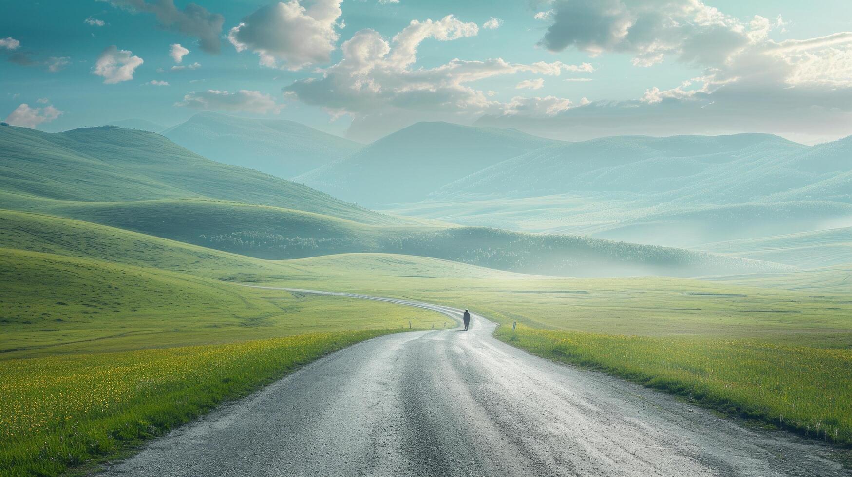 AI generated A minimalist countryside road, with a person walking along against a backdrop of rolling hills and distant mountains photo