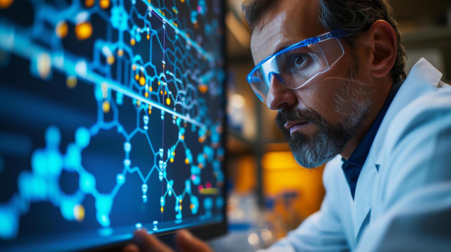 AI generated A scientist viewing a complex molecular structure on a computer screen, the blueprint of matter photo
