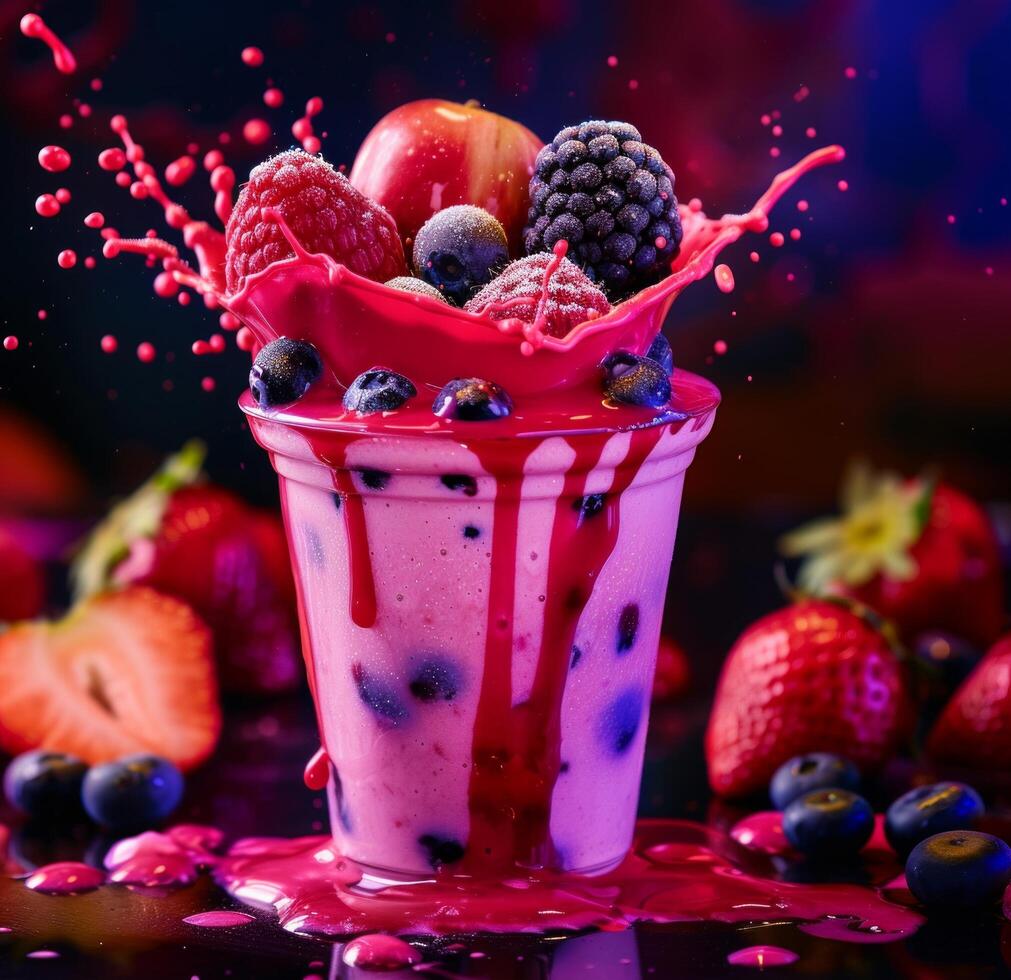 AI generated a smoothie with fruits and some fruit splash on top photo