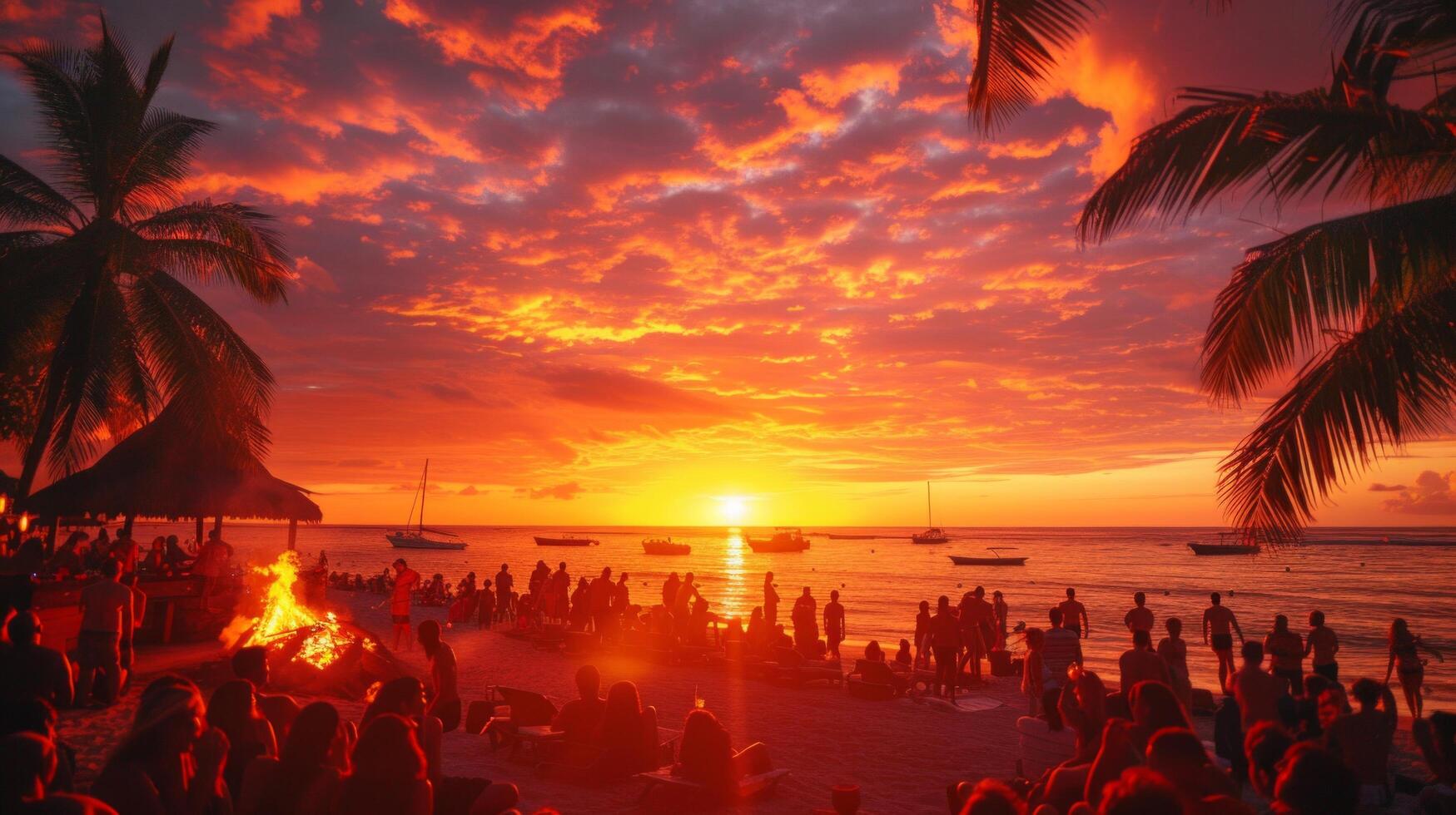 AI generated A sunset beach party, with bonfires blazing and cocktails served in coconuts as the sky erupts in fiery hues photo