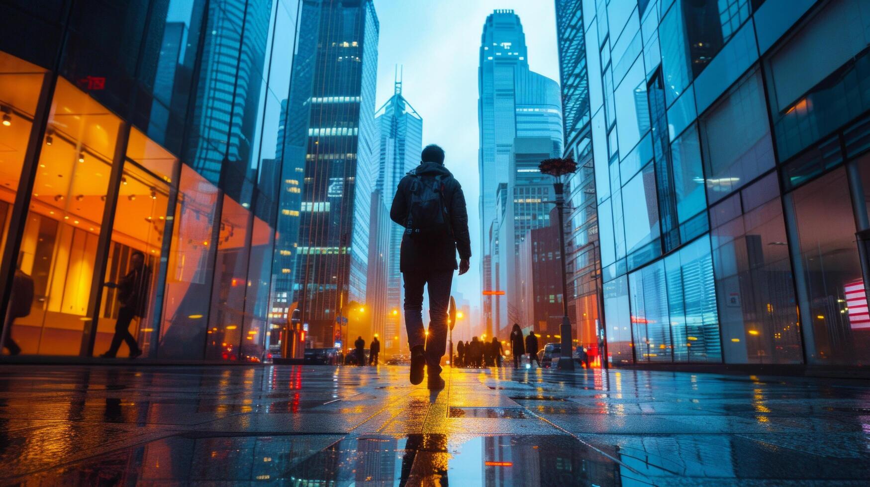 AI generated A sleek city street, with a person walking along against a backdrop of towering buildings and bustling crowds photo