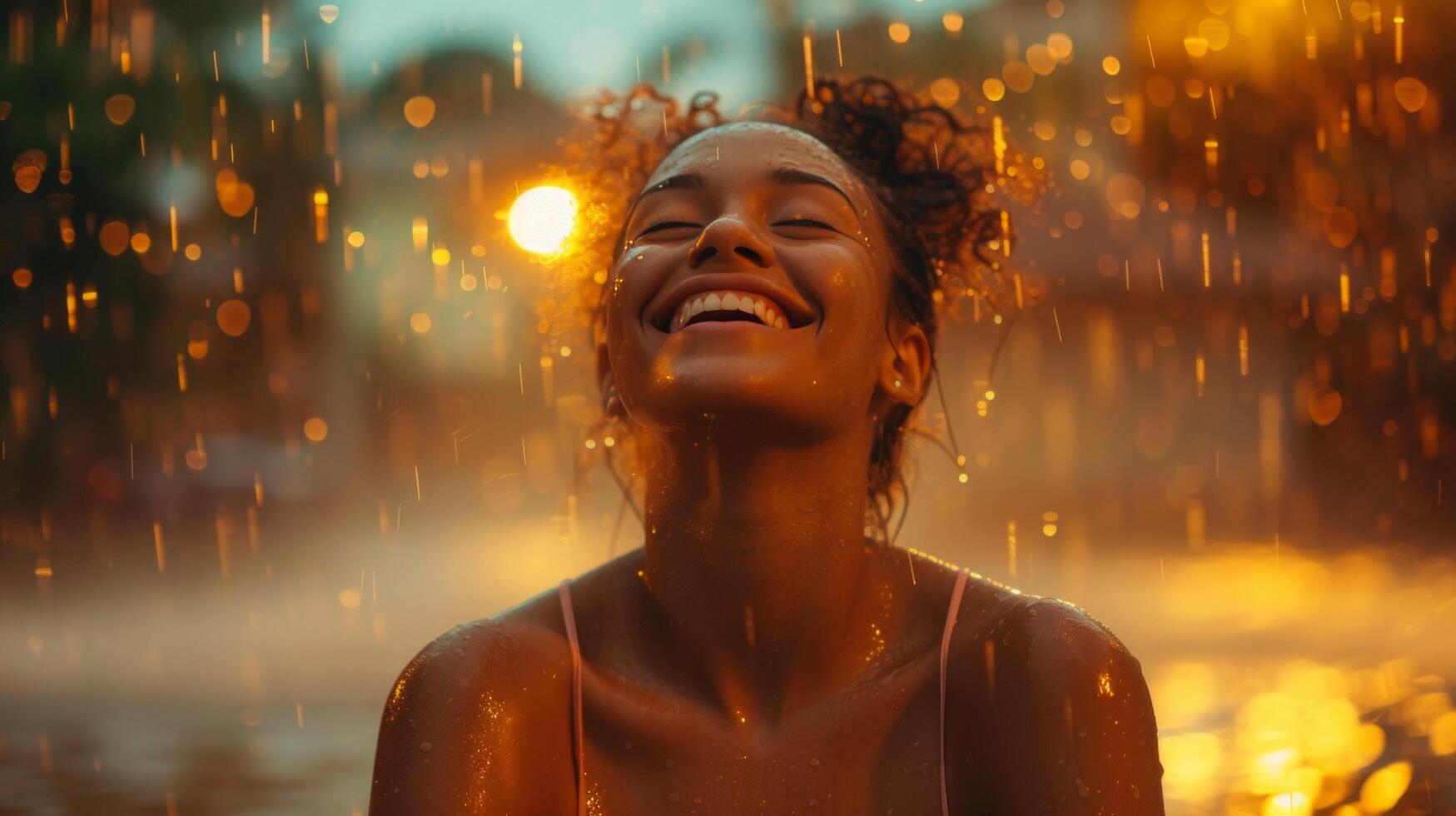 AI generated A woman dancing in the rain, her face turned upwards with a wide smile as she revels in the simple joy of the moment photo