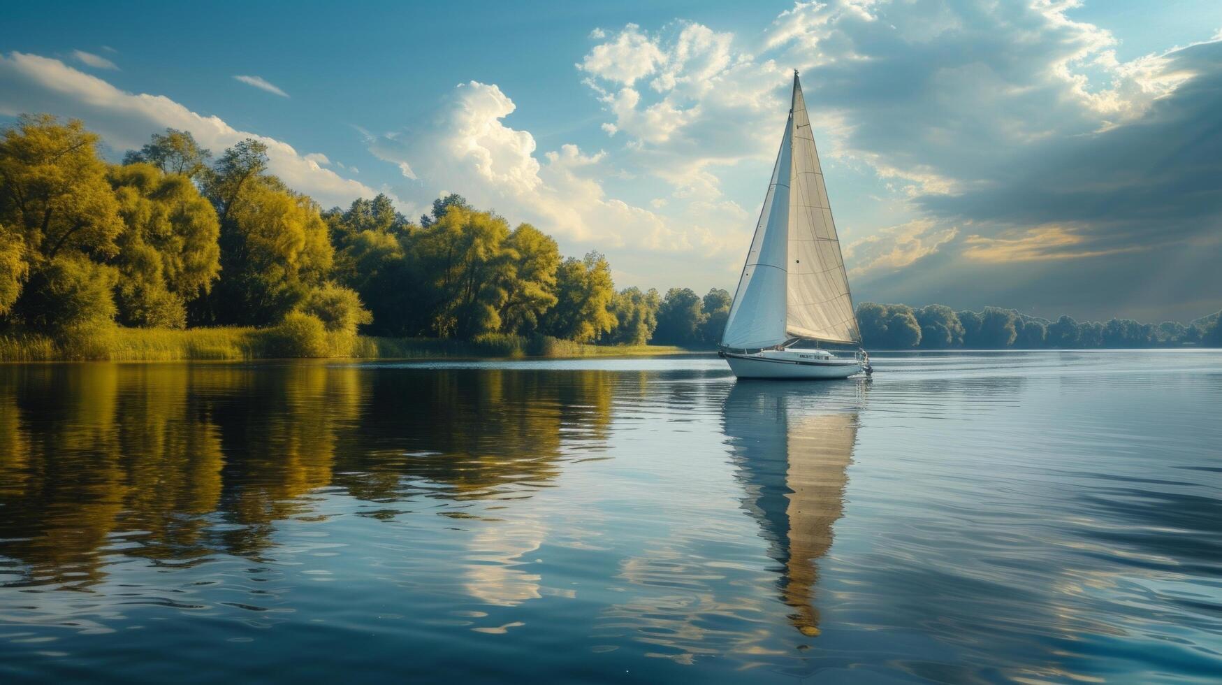 AI generated A tranquil scene of a sailboat drifting lazily on a calm lake, epitomizing relaxation and serenity photo