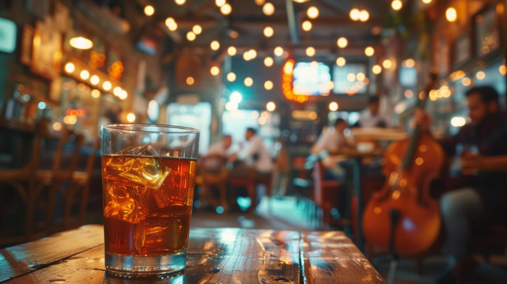 AI generated A vibrant jazz club scene, with glasses of bourbon and whiskey served alongside soulful music photo