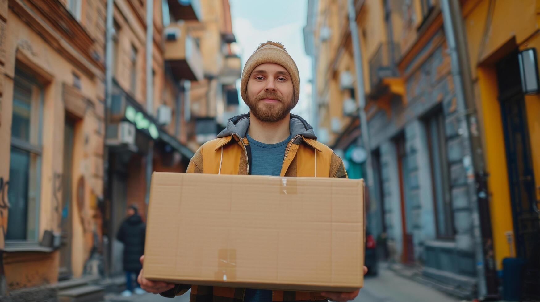 AI generated A young guy, a loader, is carrying a large cardboard box in his hands photo