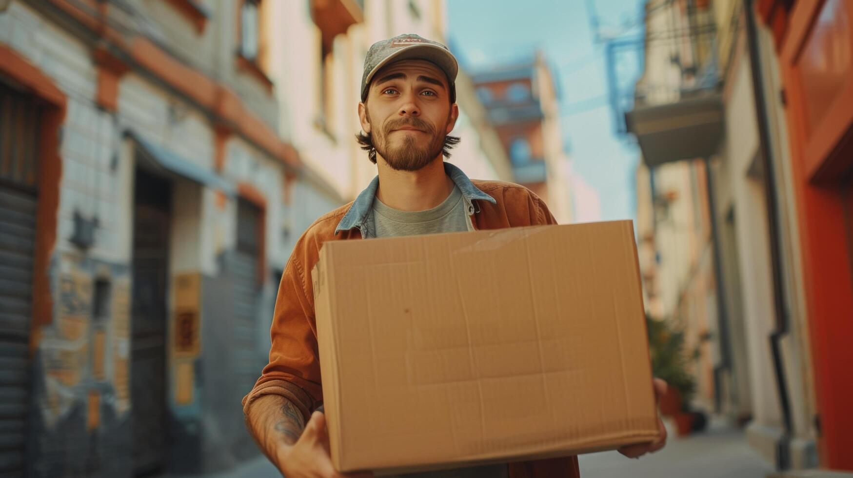 AI generated A young guy, a loader, is carrying a large cardboard box in his hands photo