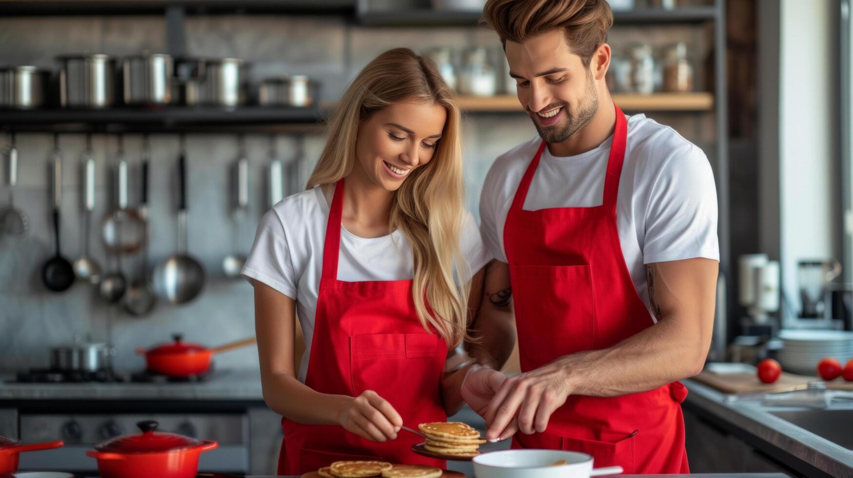 AI generated Beautiful young happy couple in red aprons baking pancakes together in a modern kitchen photo