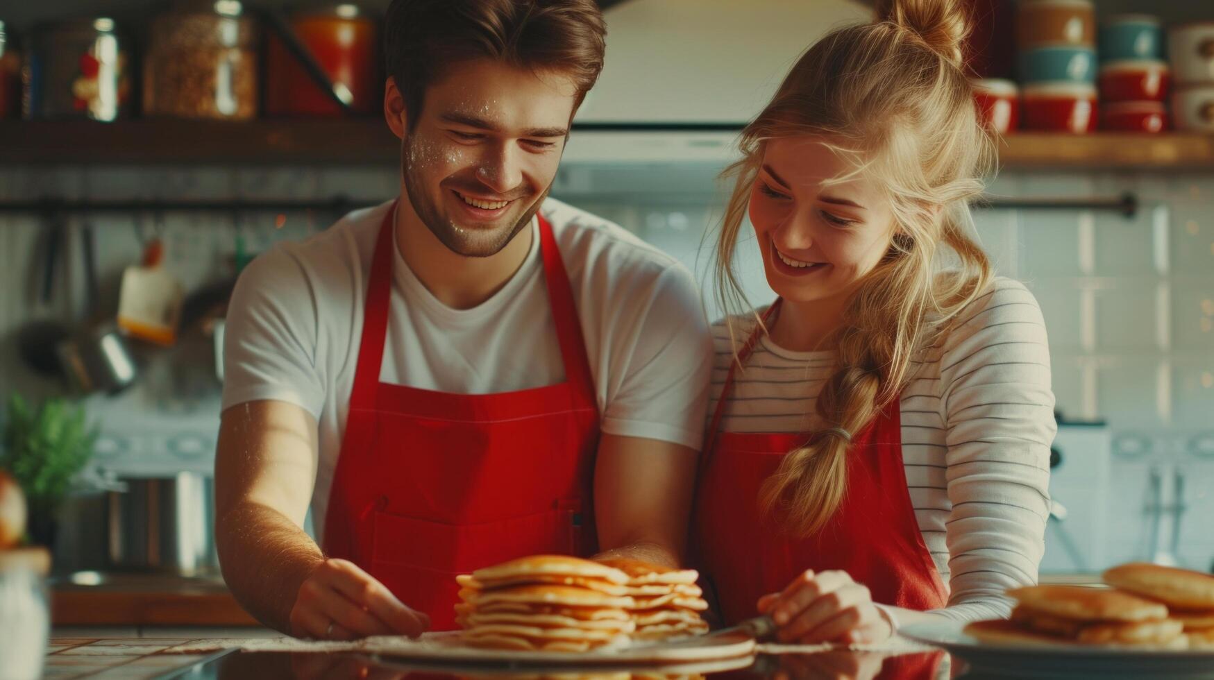 AI generated Beautiful young happy couple in red aprons baking pancakes together in a modern kitchen photo