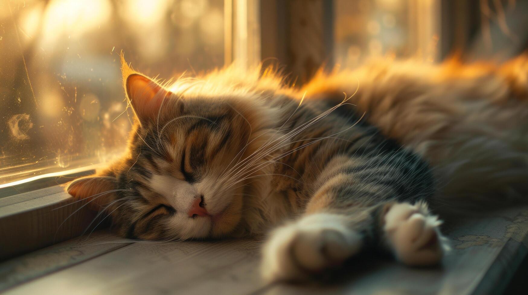 AI generated sleek feline sprawled lazily on a sunlit window sill, eyes half-closed in contentment photo