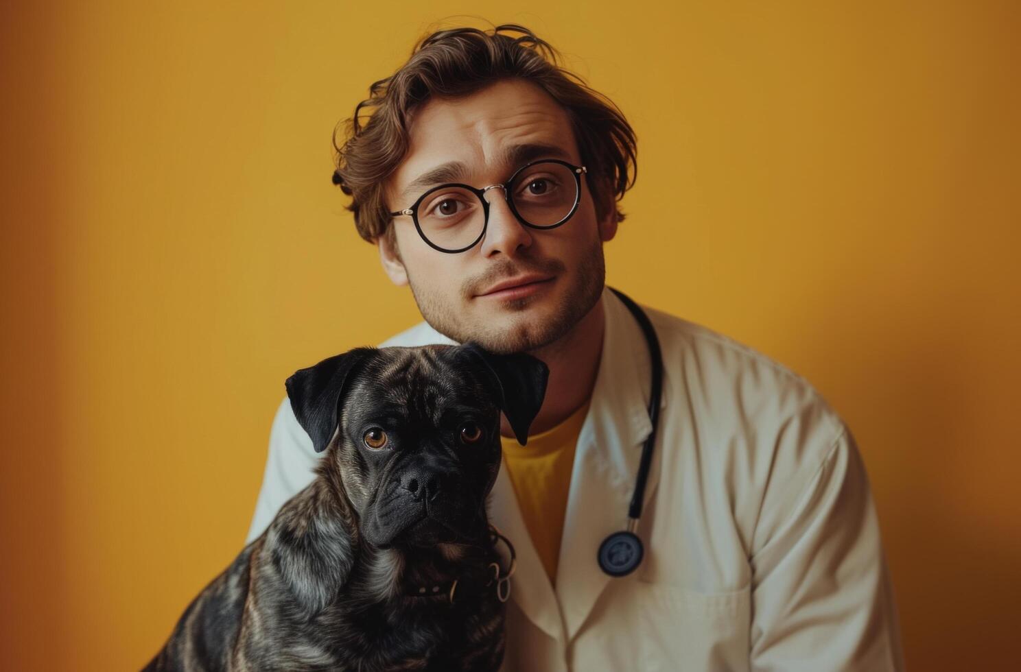 AI generated doctor poses with a dog in front of a yellow background photo