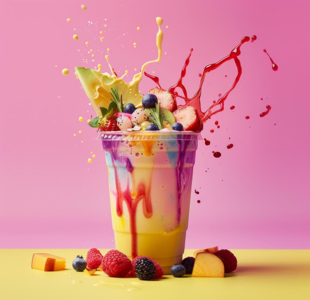 AI generated fruit smoothie with splashes of fresh fruit photo