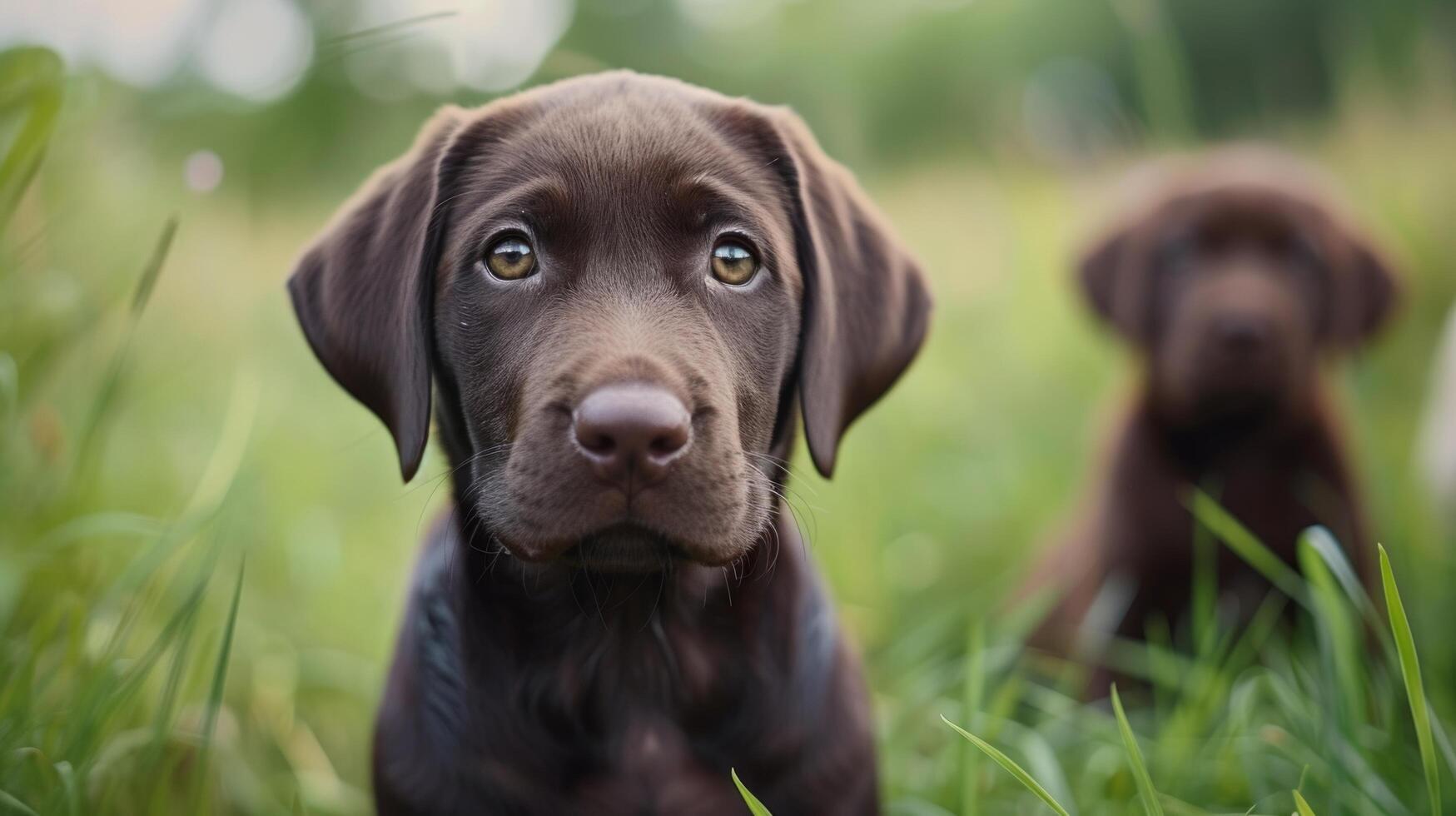 AI generated Labrador puppies are flowing through a green meadow. They are looking at the camera photo