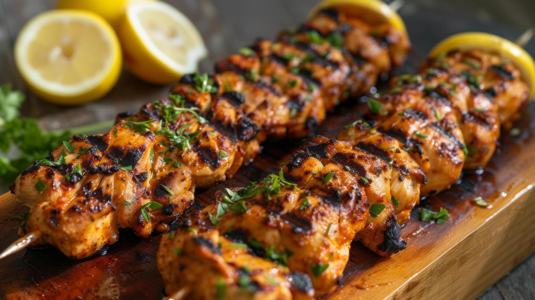 ai generado jugoso A la parrilla pollo brochetas en un de madera plato foto