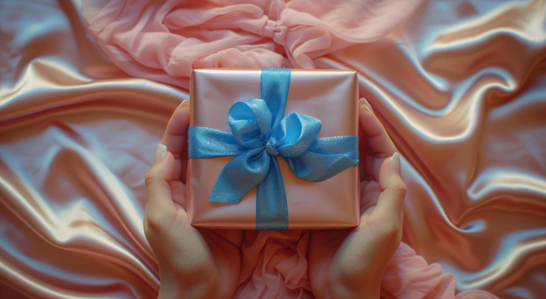 AI generated two hand holding a pink present with blue ribbon photo
