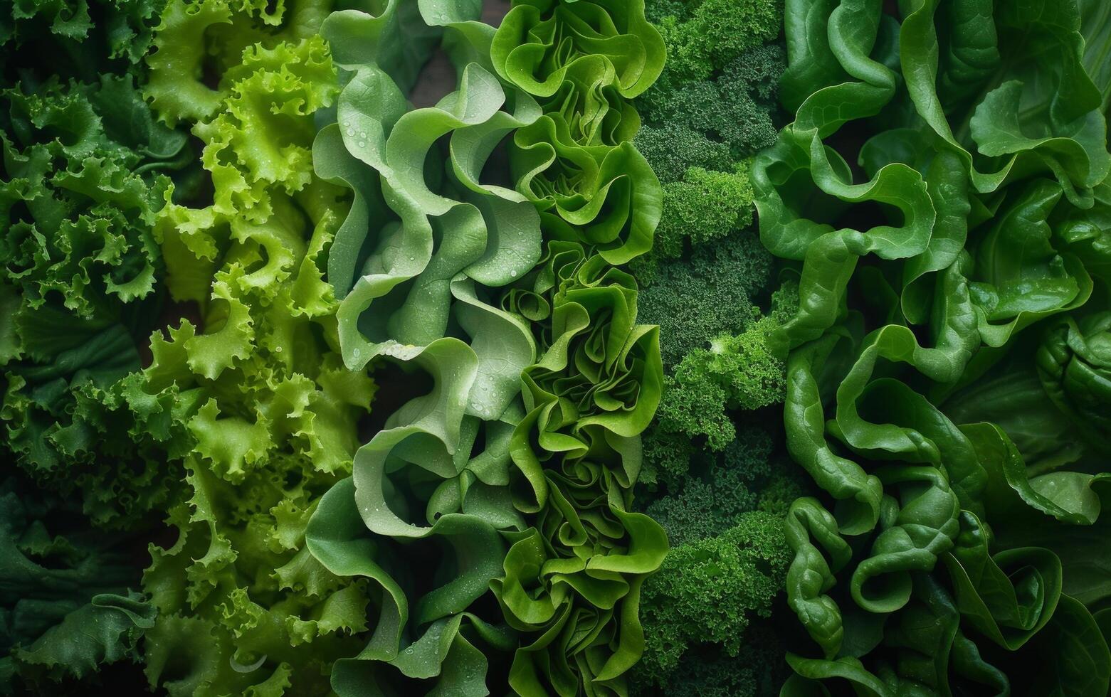 AI generated various different types of lettuce with rows in the field photo
