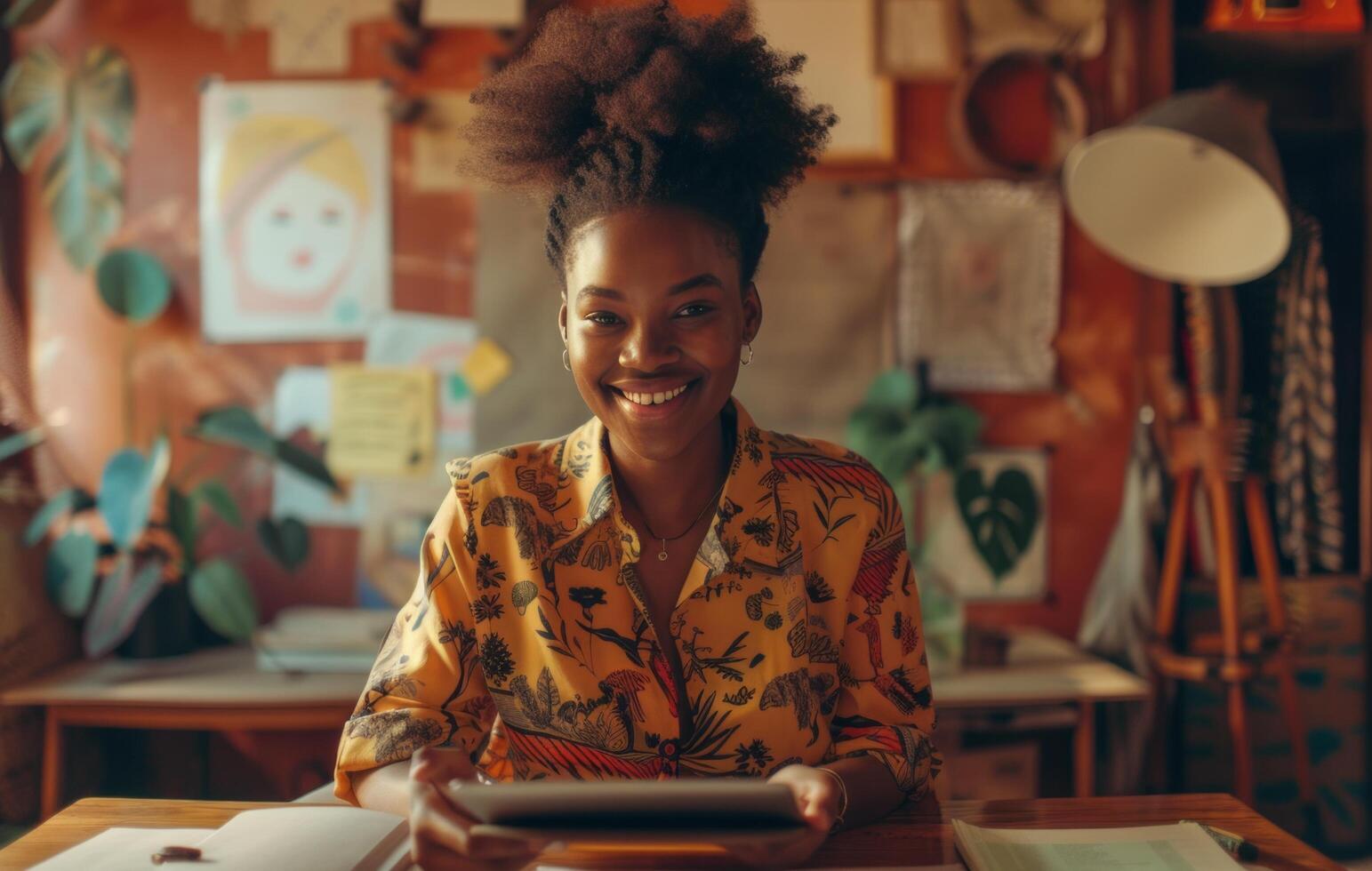 AI generated young smiling girl standing at desk with tablet for writing photo