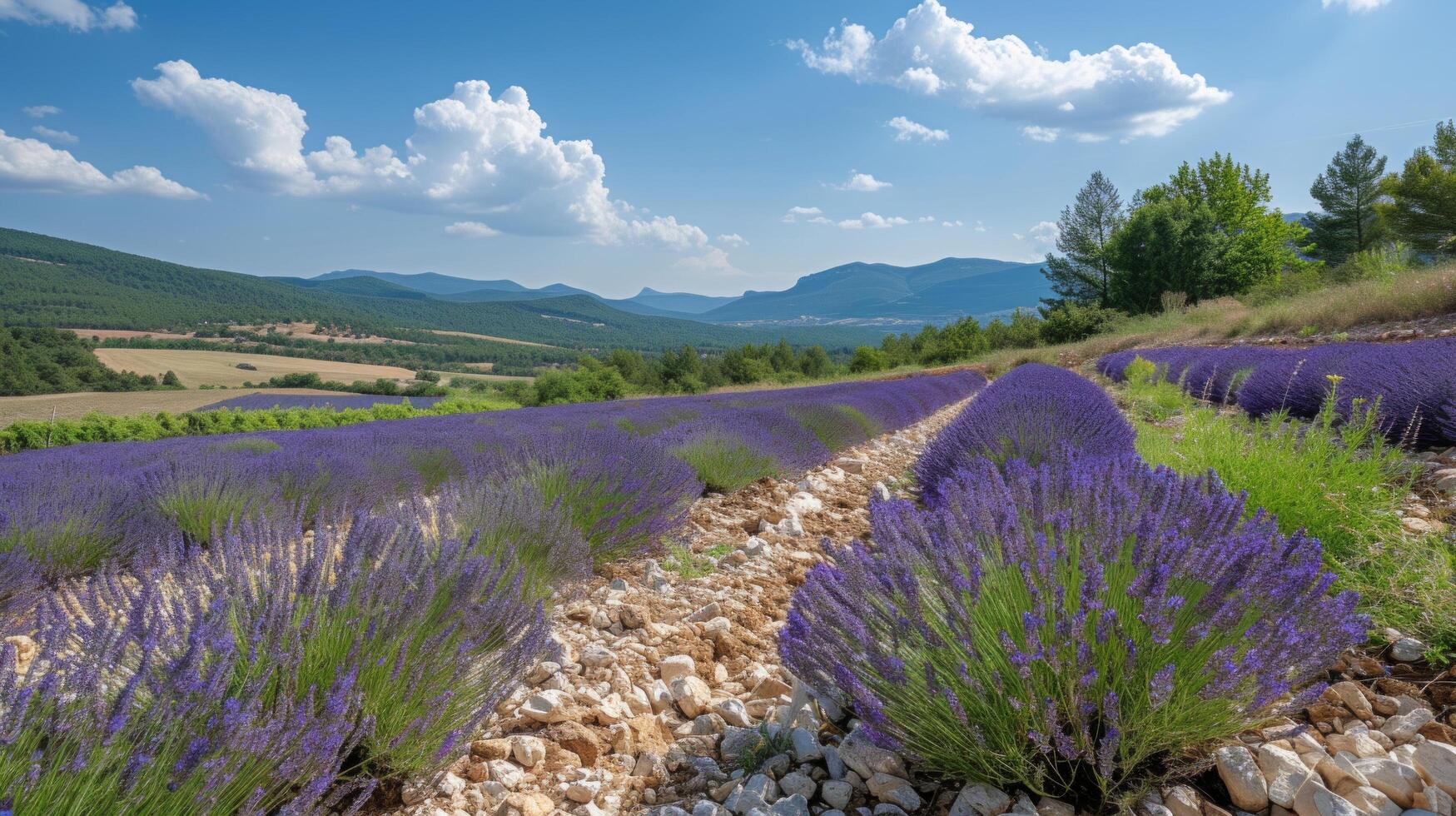 AI generated Beautiful landscape with blooming lavender fields in Provence. photo